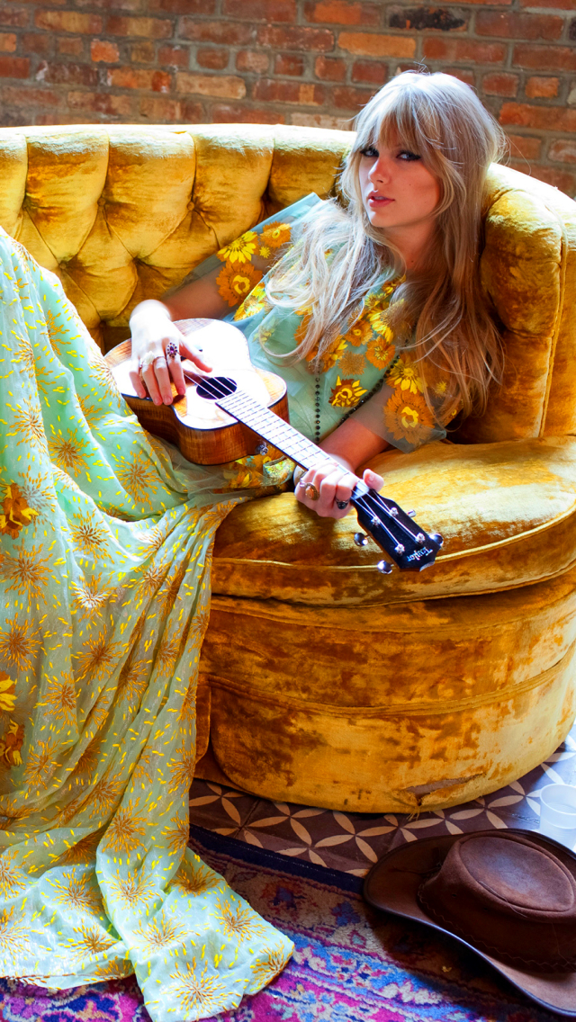 Download mobile wallpaper Music, Guitar, Singer, Blonde, Dress, Blue Eyes, American, Taylor Swift, Lying Down for free.