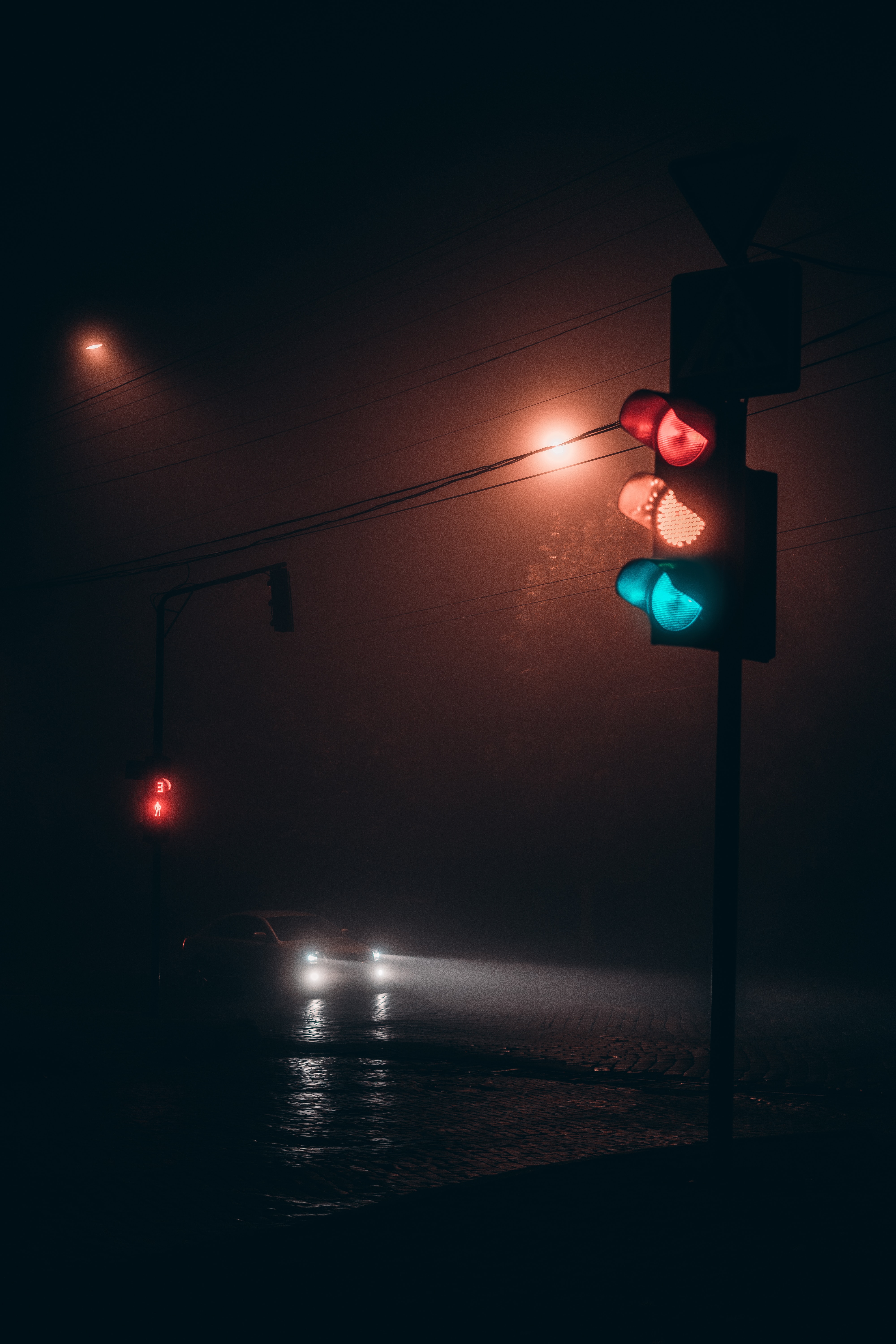 dark, machine, cities, night, road, fog, car, traffic light Image for desktop