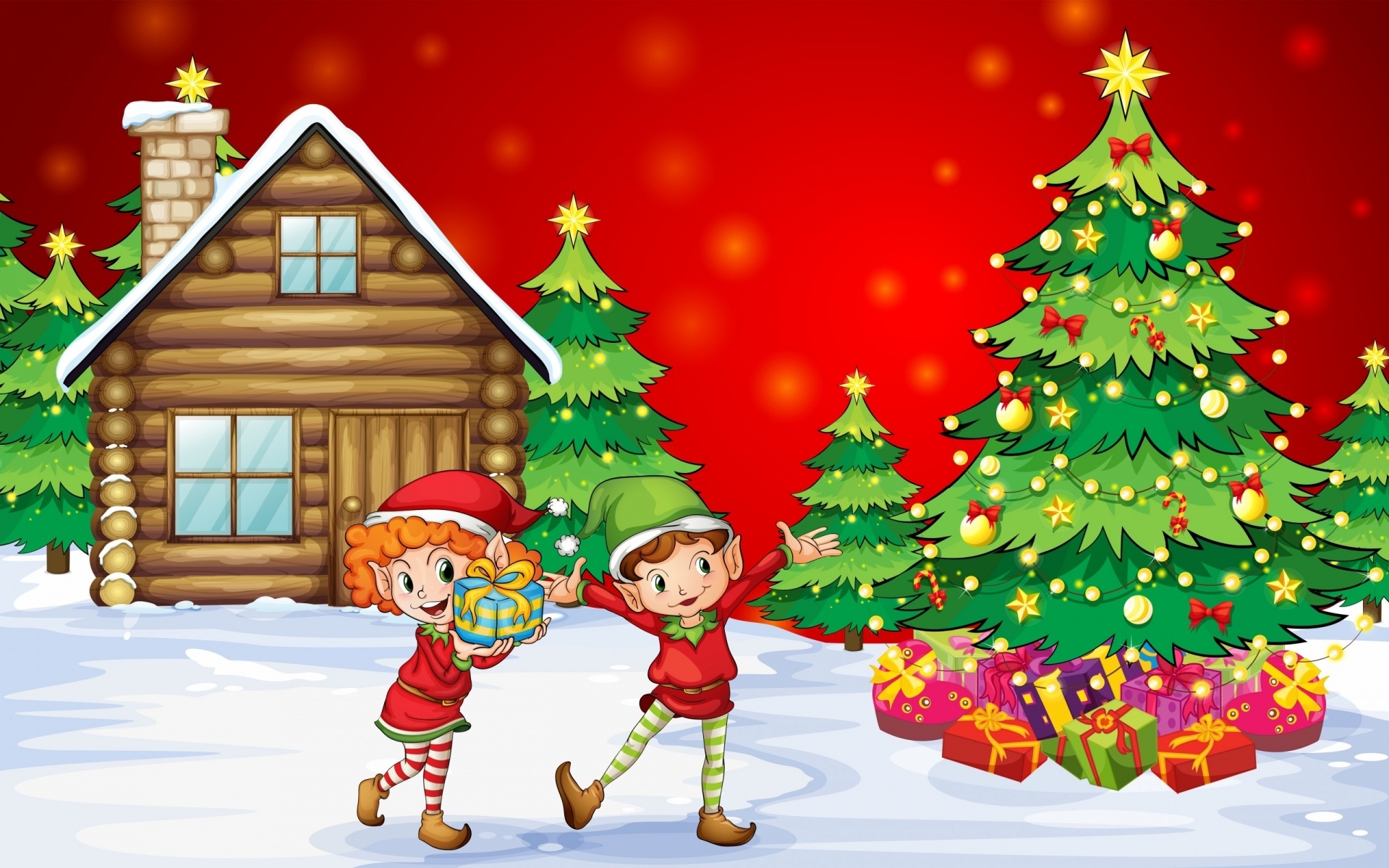 Download mobile wallpaper Snow, Tree, Christmas, Holiday, Gift, Child, Elf, Cabin, Santa Hat for free.