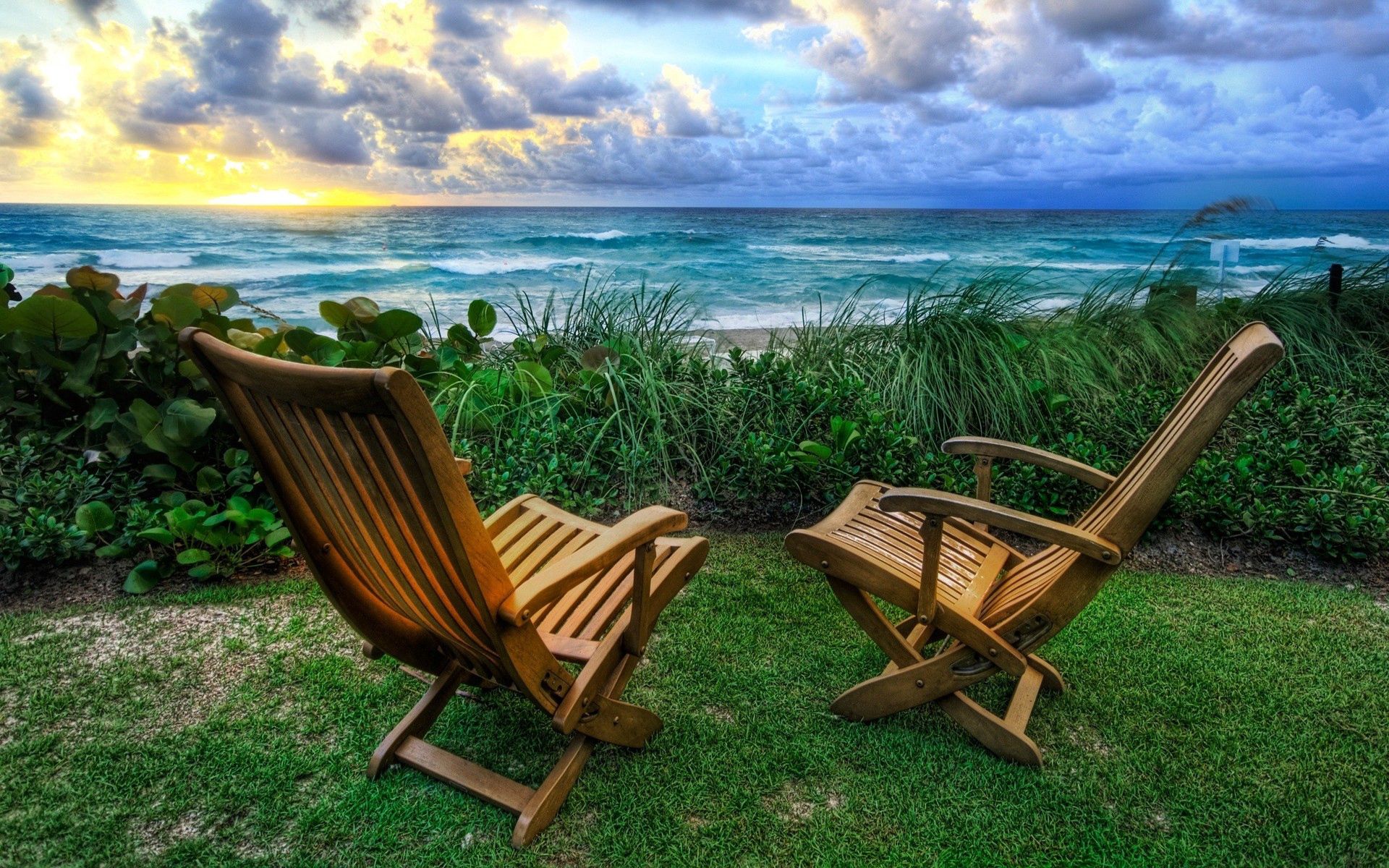 shore, nature, sunset, sea, bank, chairs, armchairs