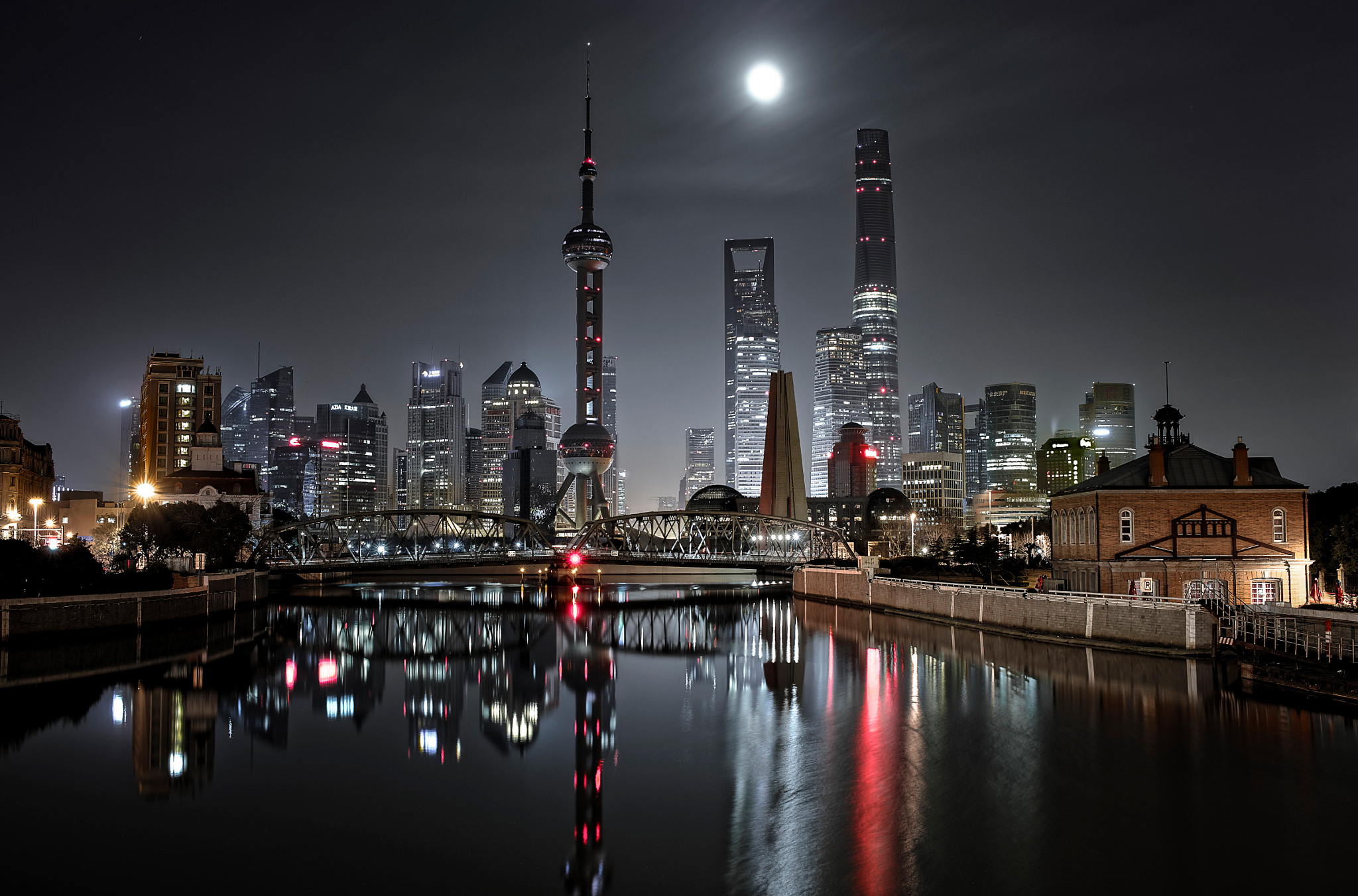 night, reflection, man made, shanghai, bridge, building, china, city, light, skyscraper, cities