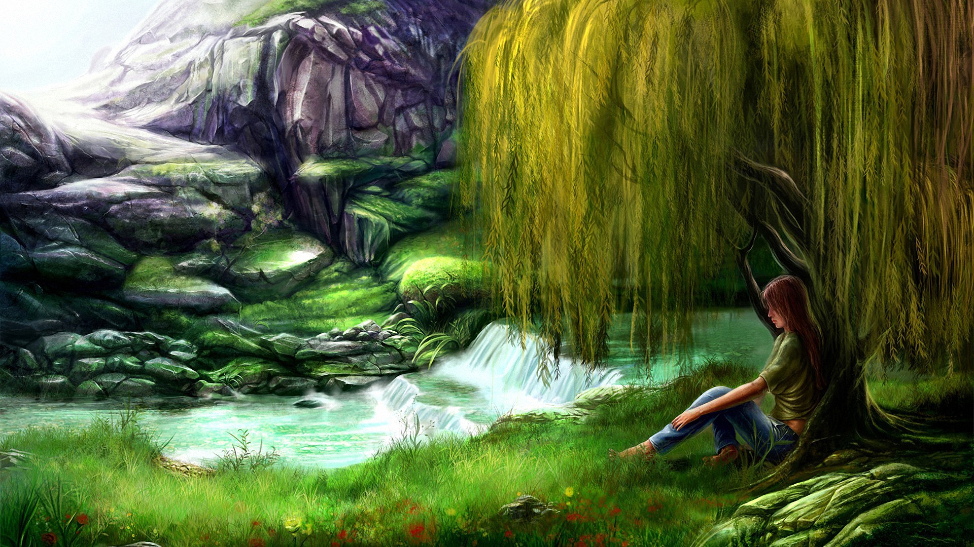 Download mobile wallpaper Tree, Stone, Artistic, Meadow, River, Women, Weeping Willow for free.