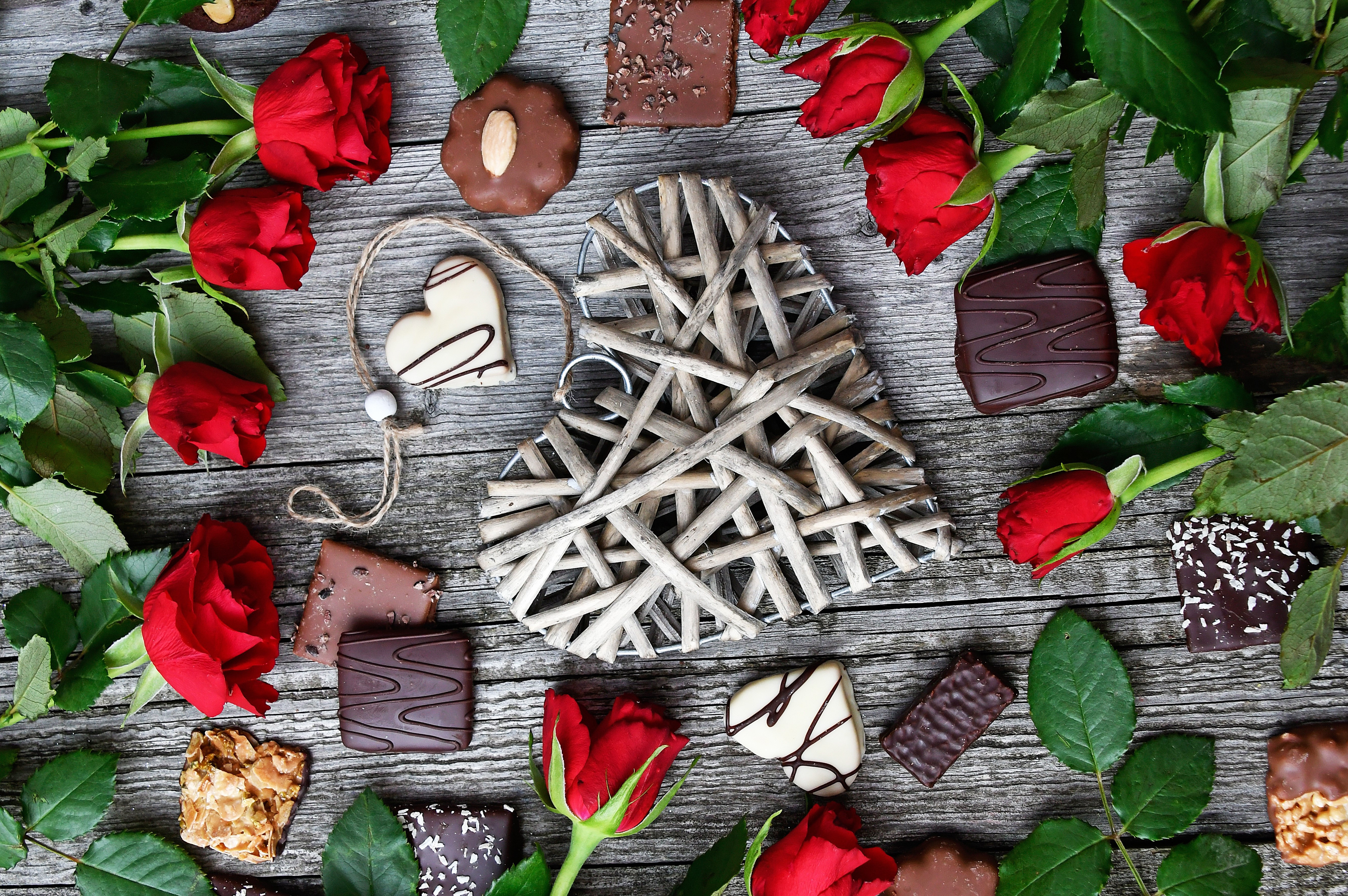 Free download wallpaper Valentine's Day, Chocolate, Still Life, Flower, Rose, Photography, Red Flower, Heart Shaped on your PC desktop