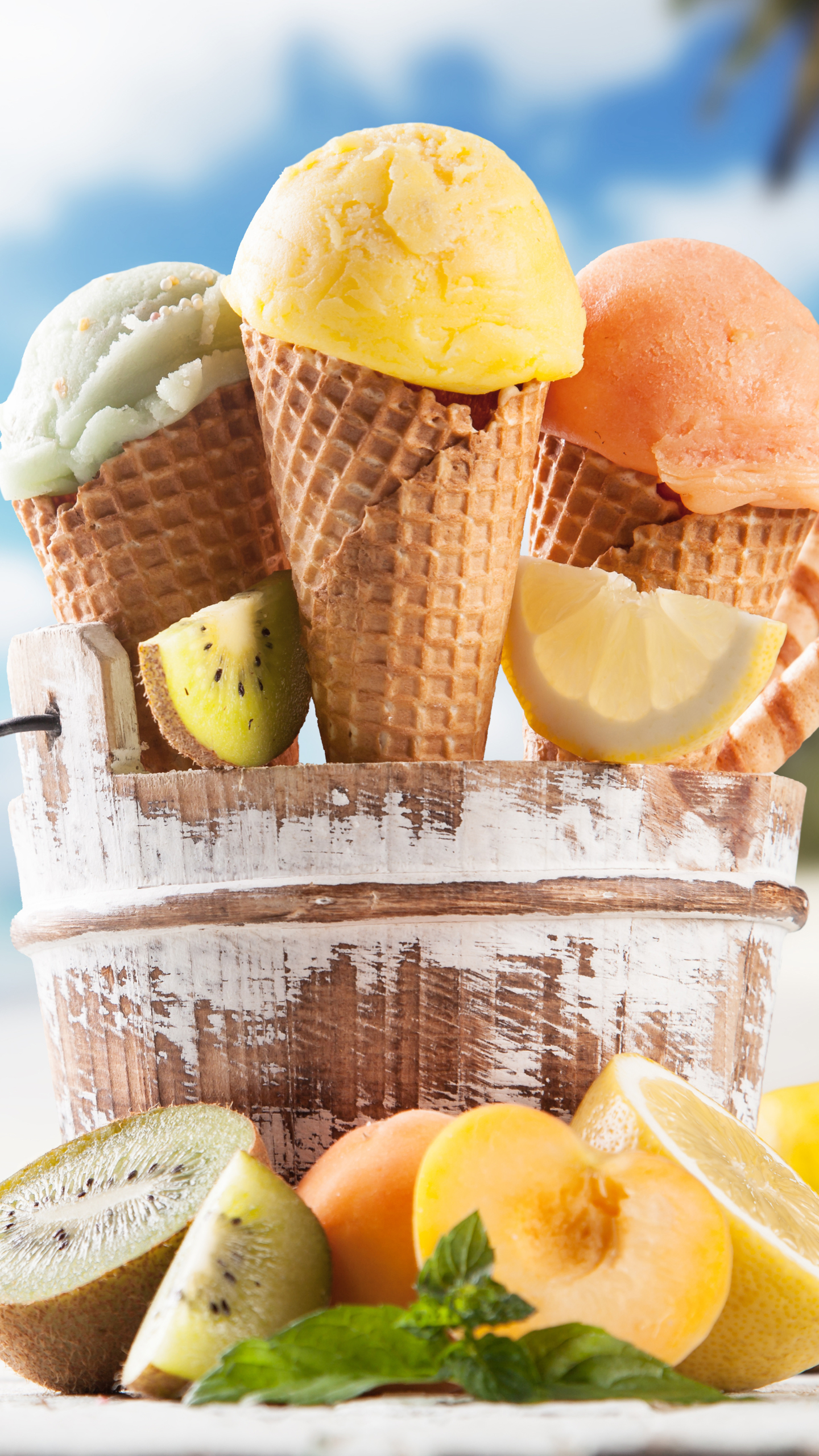 Handy-Wallpaper Obst, Sommer, Kiwi, Zitrone, Frucht, Eiscreme, Nahrungsmittel kostenlos herunterladen.