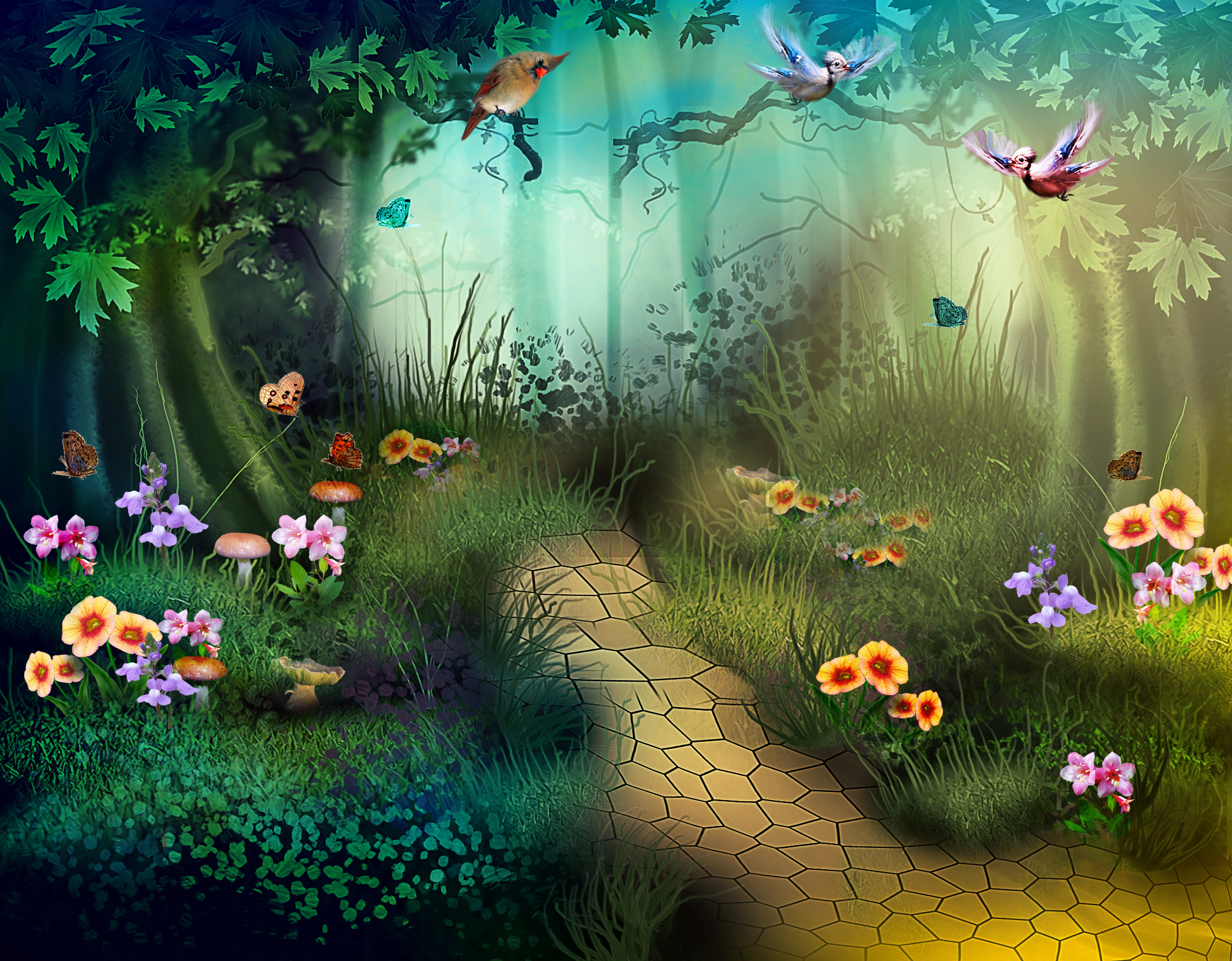 Free download wallpaper Fantasy, Grass, Flower, Bird, Forest, Tree, Path, Stone, Artistic on your PC desktop