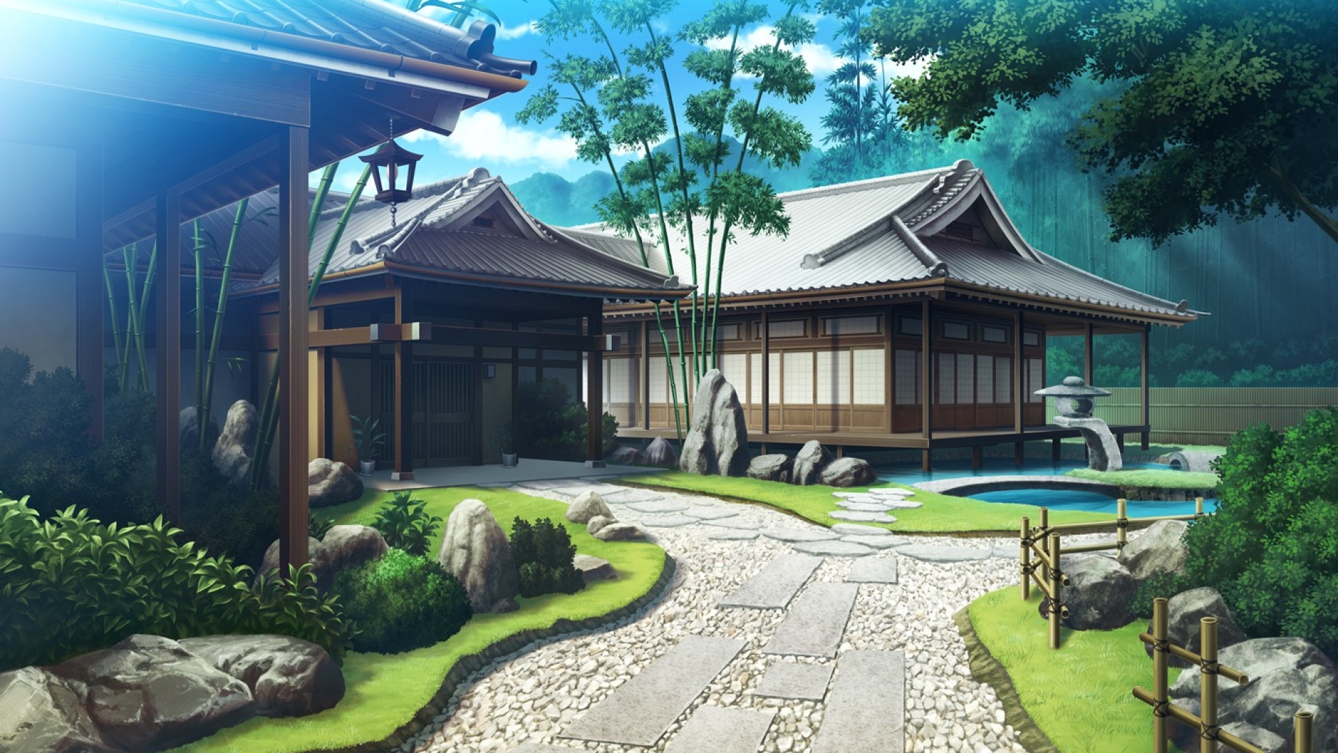 Handy-Wallpaper Landschaft, Gebäude, Baum, Animes kostenlos herunterladen.
