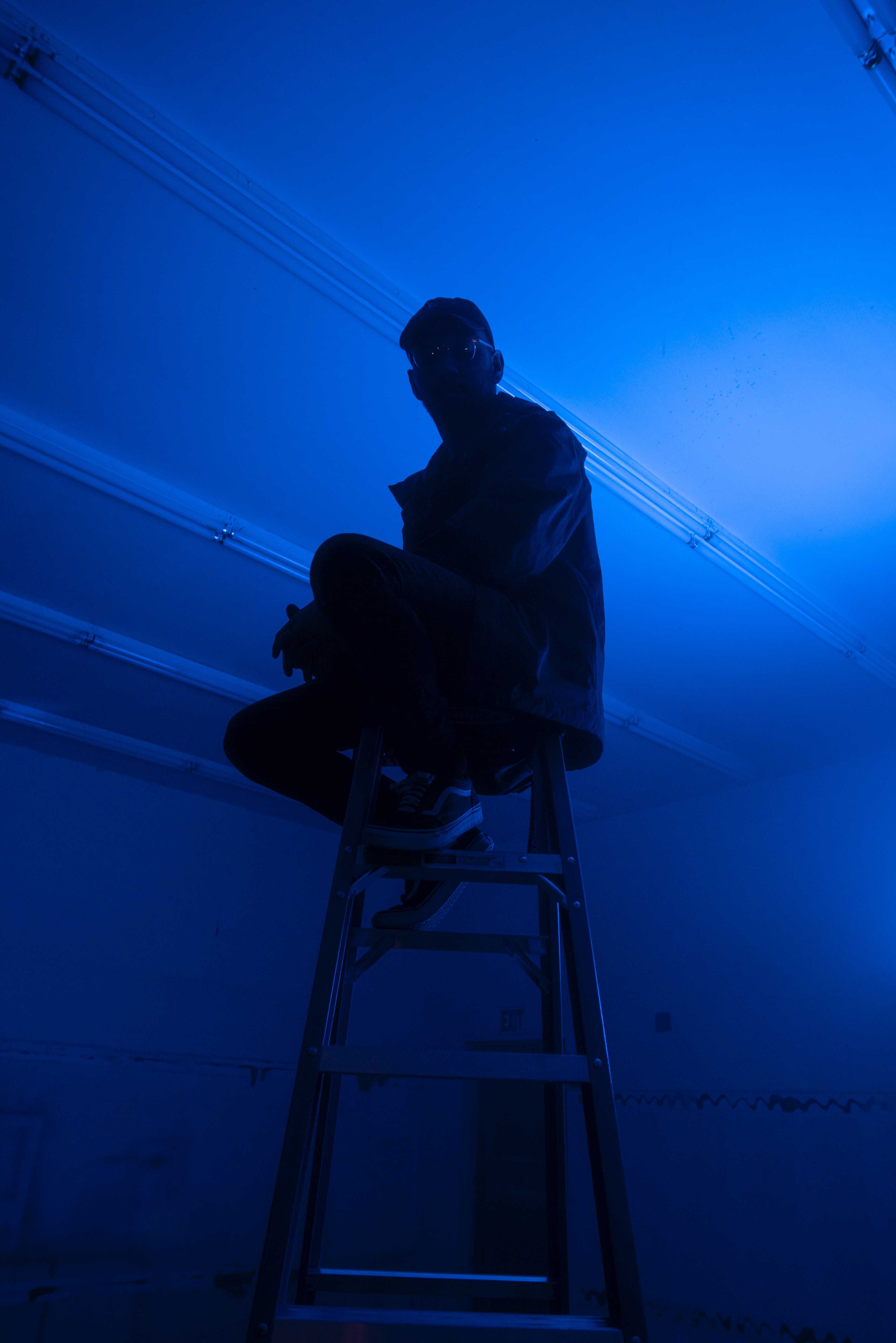 blue, dark, neon, stairs, ladder, human, person Panoramic Wallpaper