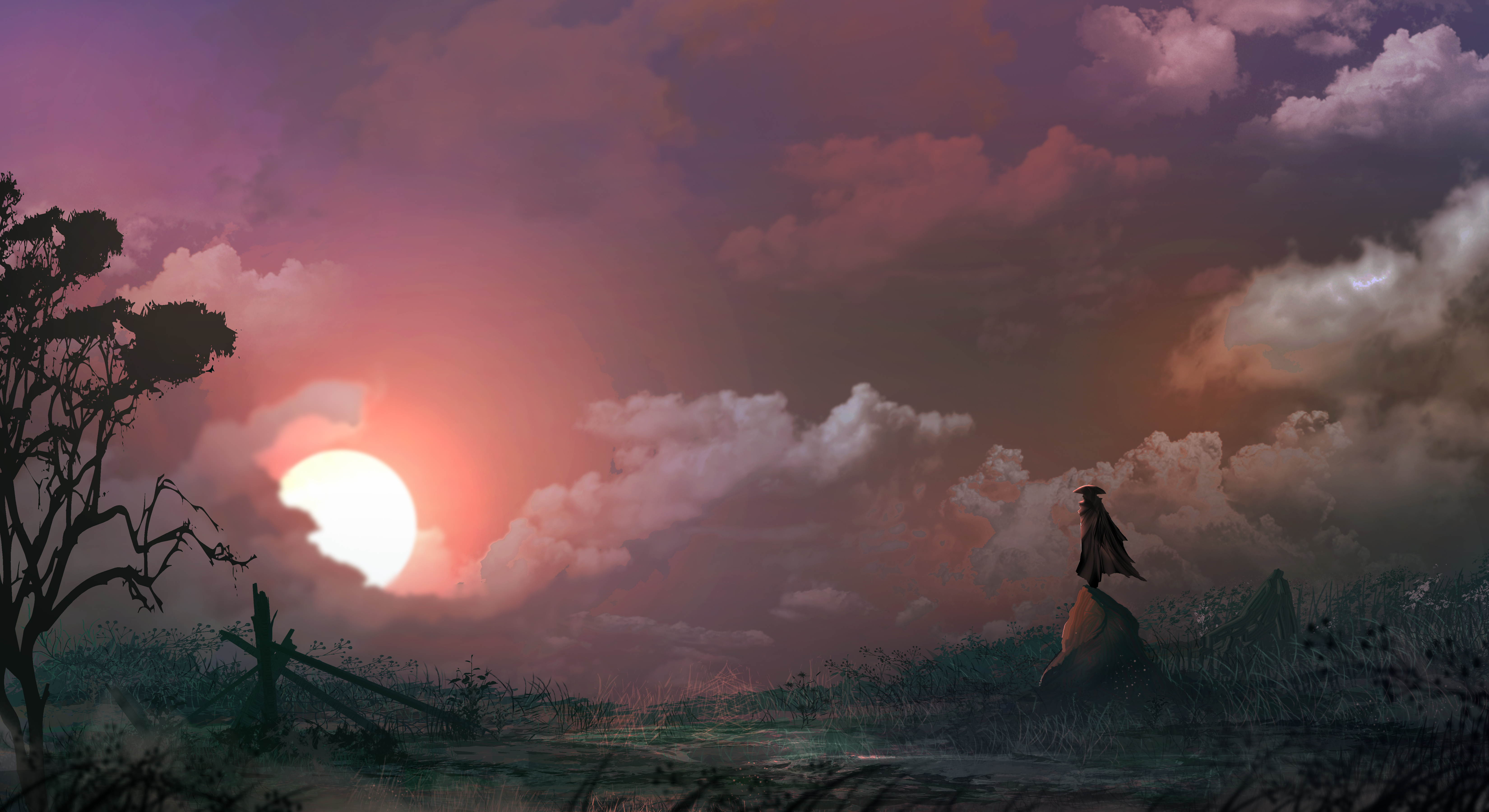Download mobile wallpaper Fantasy, Sunset, Sky, Sun, Men, Cloud for free.