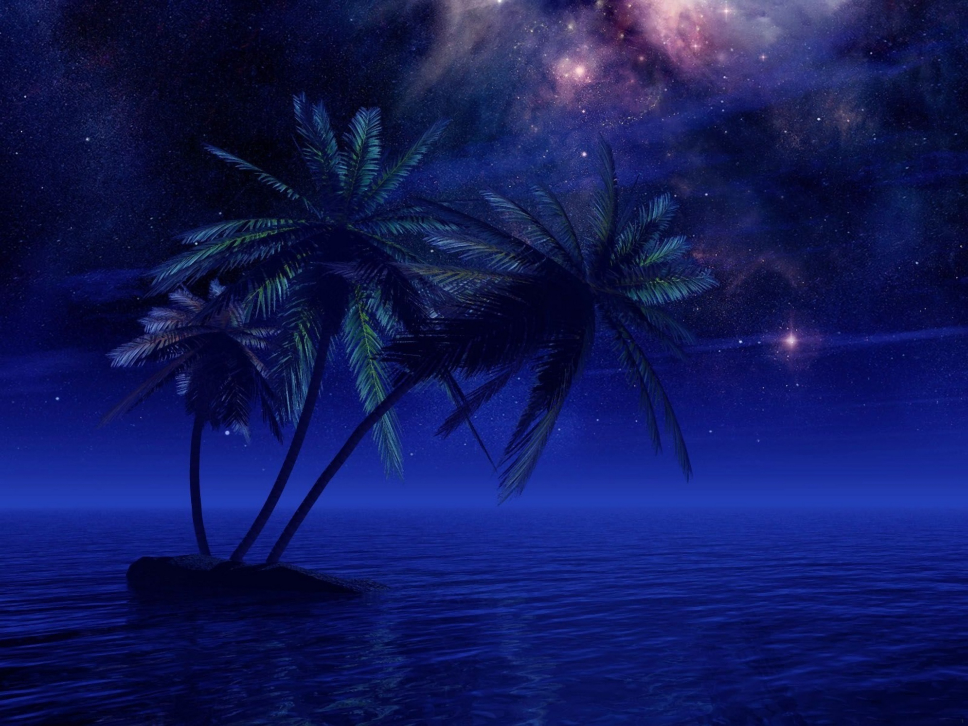 Laden Sie das Fantasie, Ozean, Palme, Nacht, Künstlerisch, Sternenklarer Himmel-Bild kostenlos auf Ihren PC-Desktop herunter