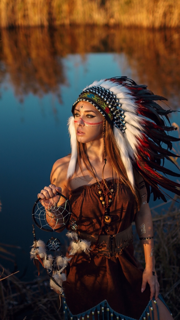 women, native american, feather, model, depth of field, dreamcatcher, redhead, headdress