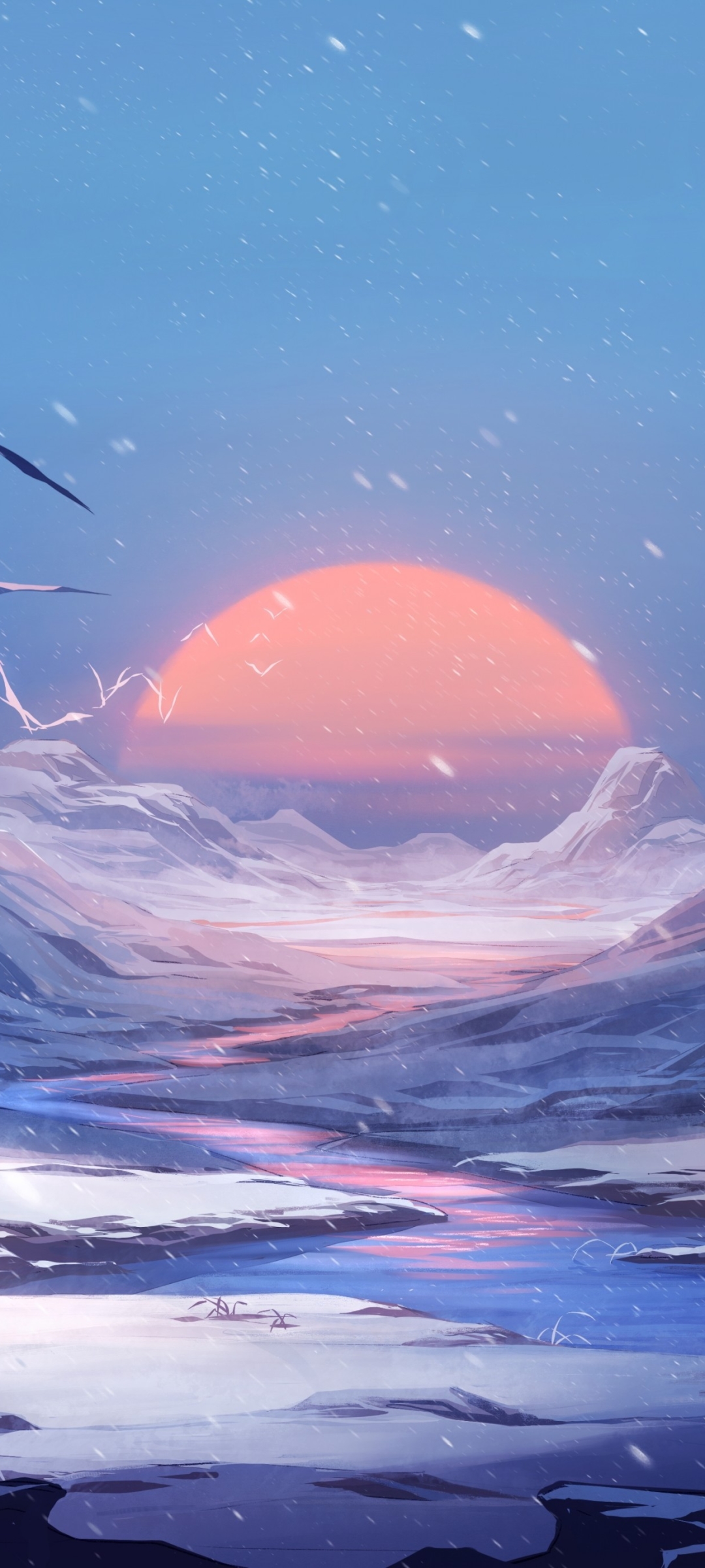 Download mobile wallpaper Landscape, Fantasy, Sun, River, Snowfall for free.