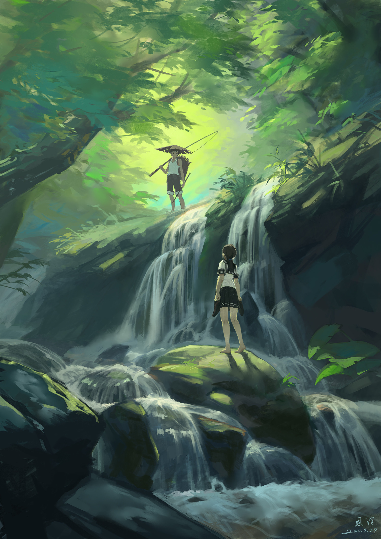 girl, guy, art, jungle, forest, waterfall