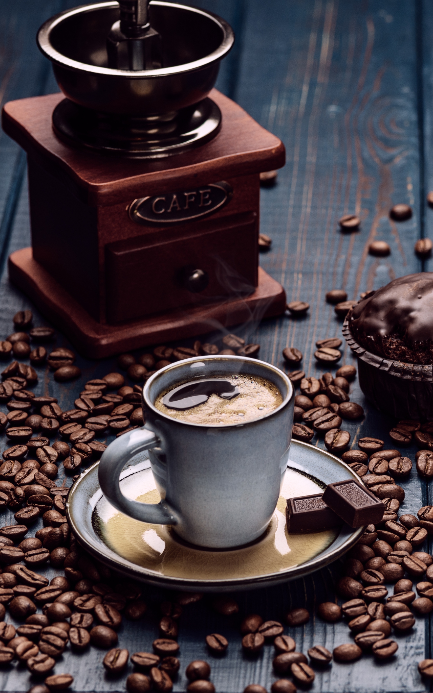 Download mobile wallpaper Food, Chocolate, Coffee, Still Life, Cup, Drink, Coffee Beans for free.