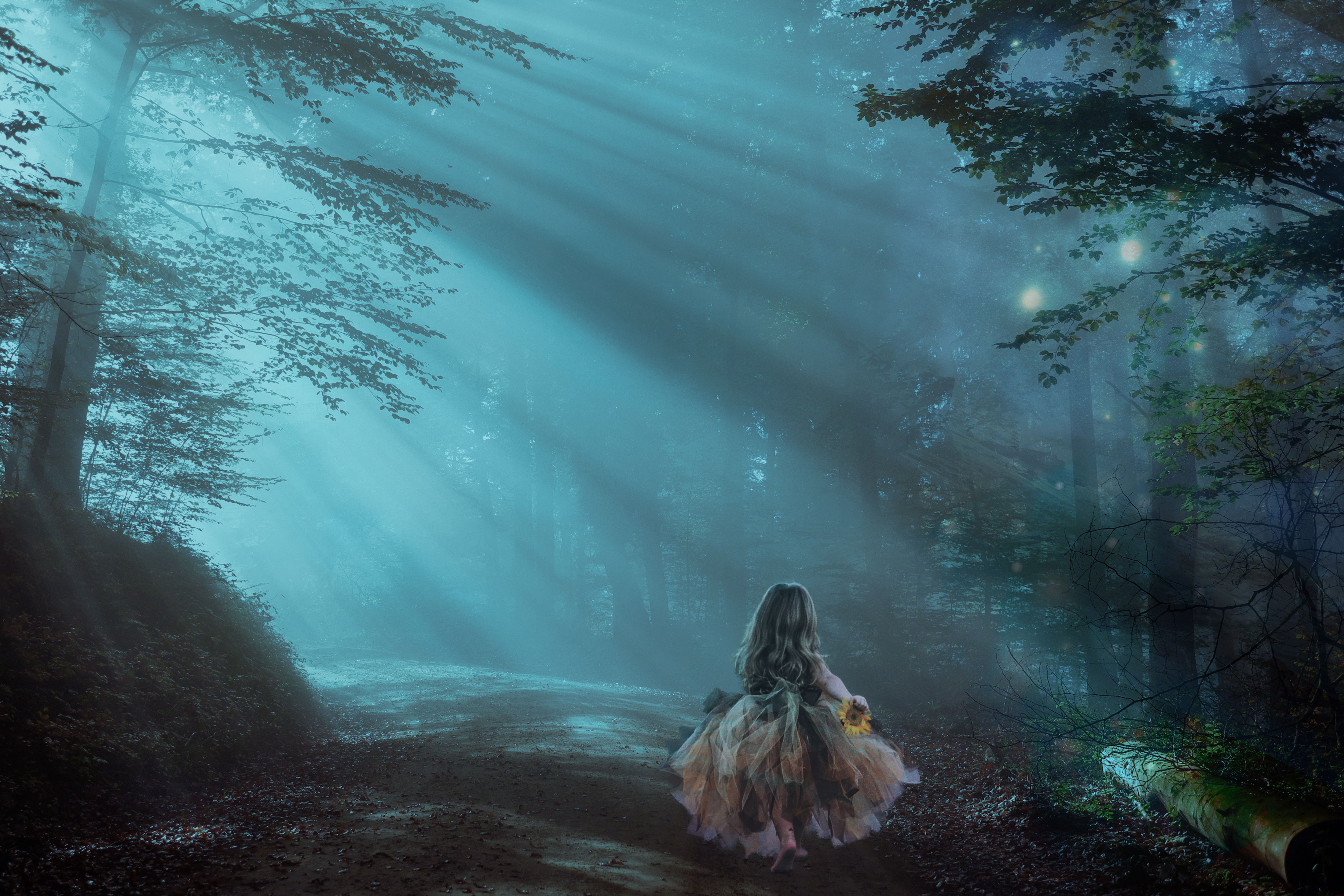 Laden Sie das Fantasie, Kinder, Wald, Nebel, Allein, Nacht, Kleines Mädchen-Bild kostenlos auf Ihren PC-Desktop herunter