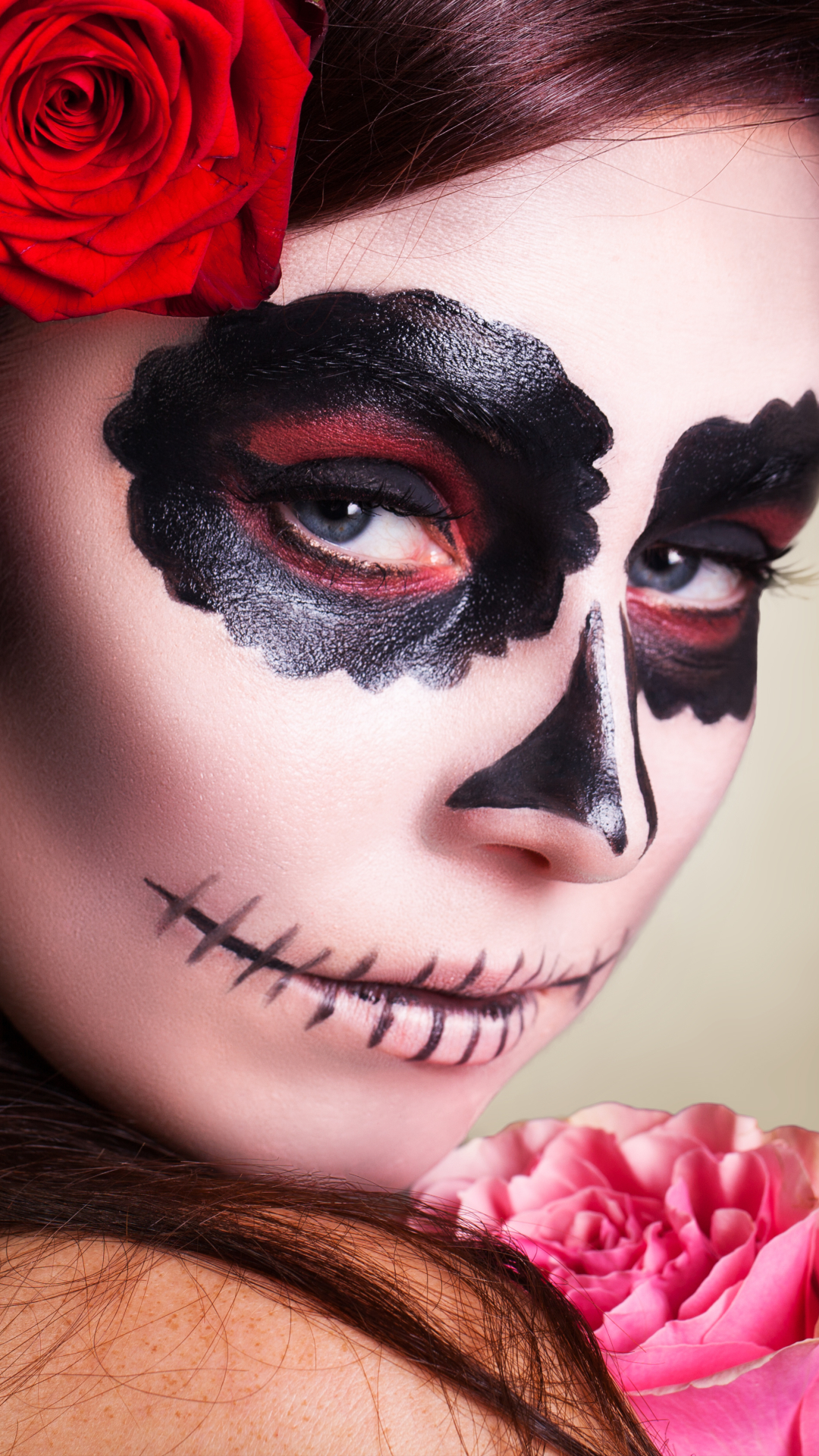 Download mobile wallpaper Artistic, Face, Makeup, Blue Eyes, Sugar Skull, Day Of The Dead for free.