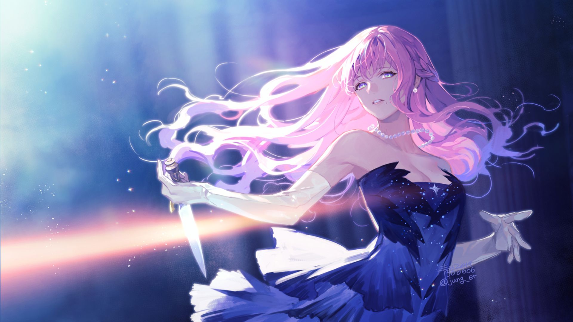 Download mobile wallpaper Anime, Dress, Knife, Original, Pink Hair, Long Hair, Purple Eyes for free.
