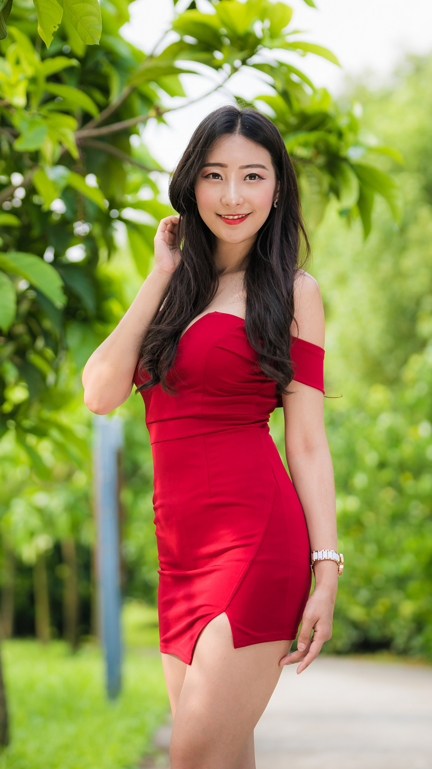 Download mobile wallpaper Model, Women, Asian, Black Hair, Red Dress for free.