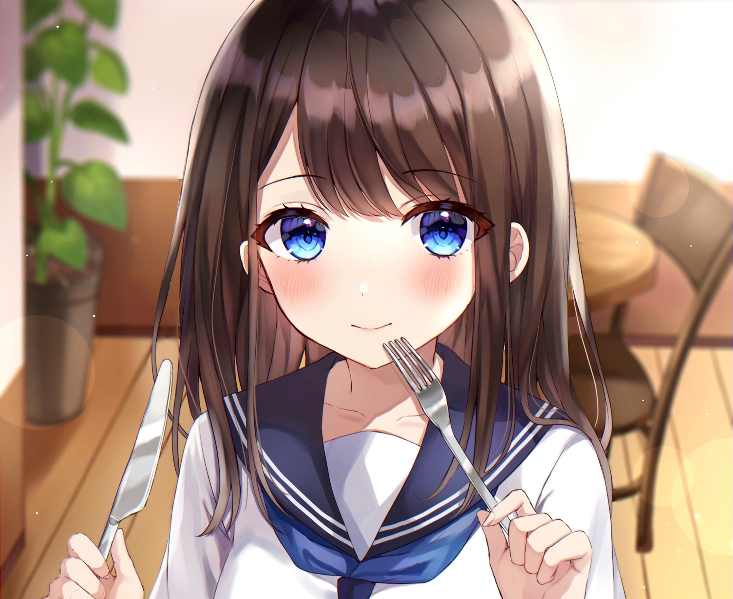 anime, original, blue eyes, brown hair, fork, knife