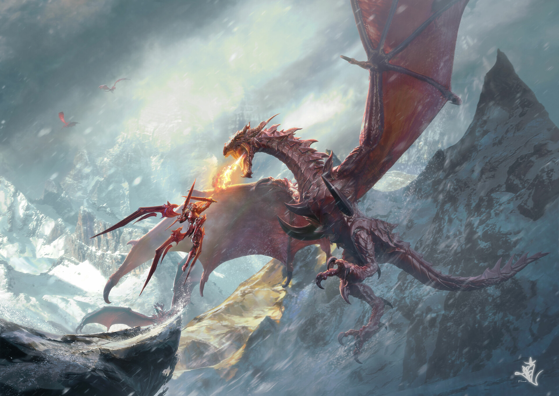 Free download wallpaper Fantasy, Snow, Mountain, Dragon, Warrior on your PC desktop