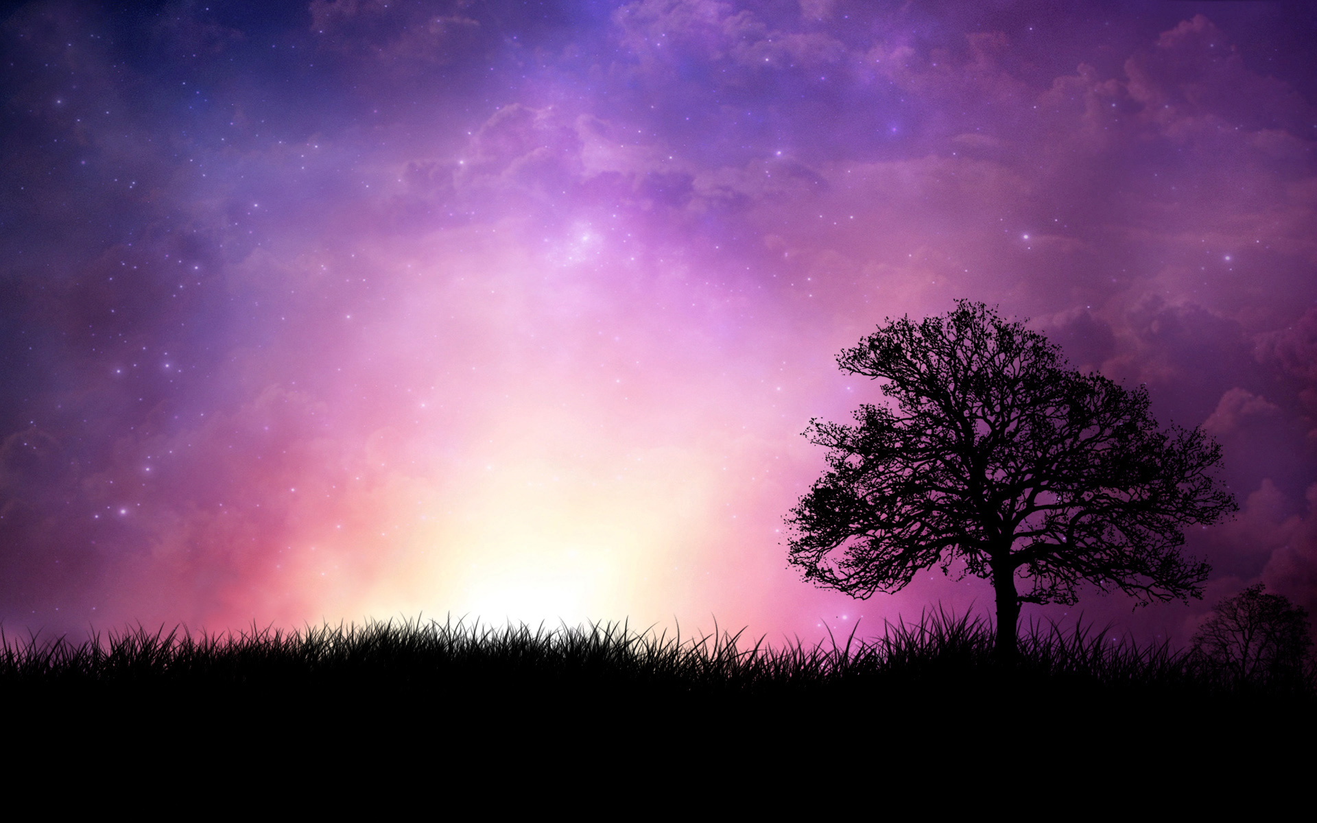 PCデスクトップに木, ファンタジー, 草, シルエット, 地球, 星雲, 紫の, 空画像を無料でダウンロード