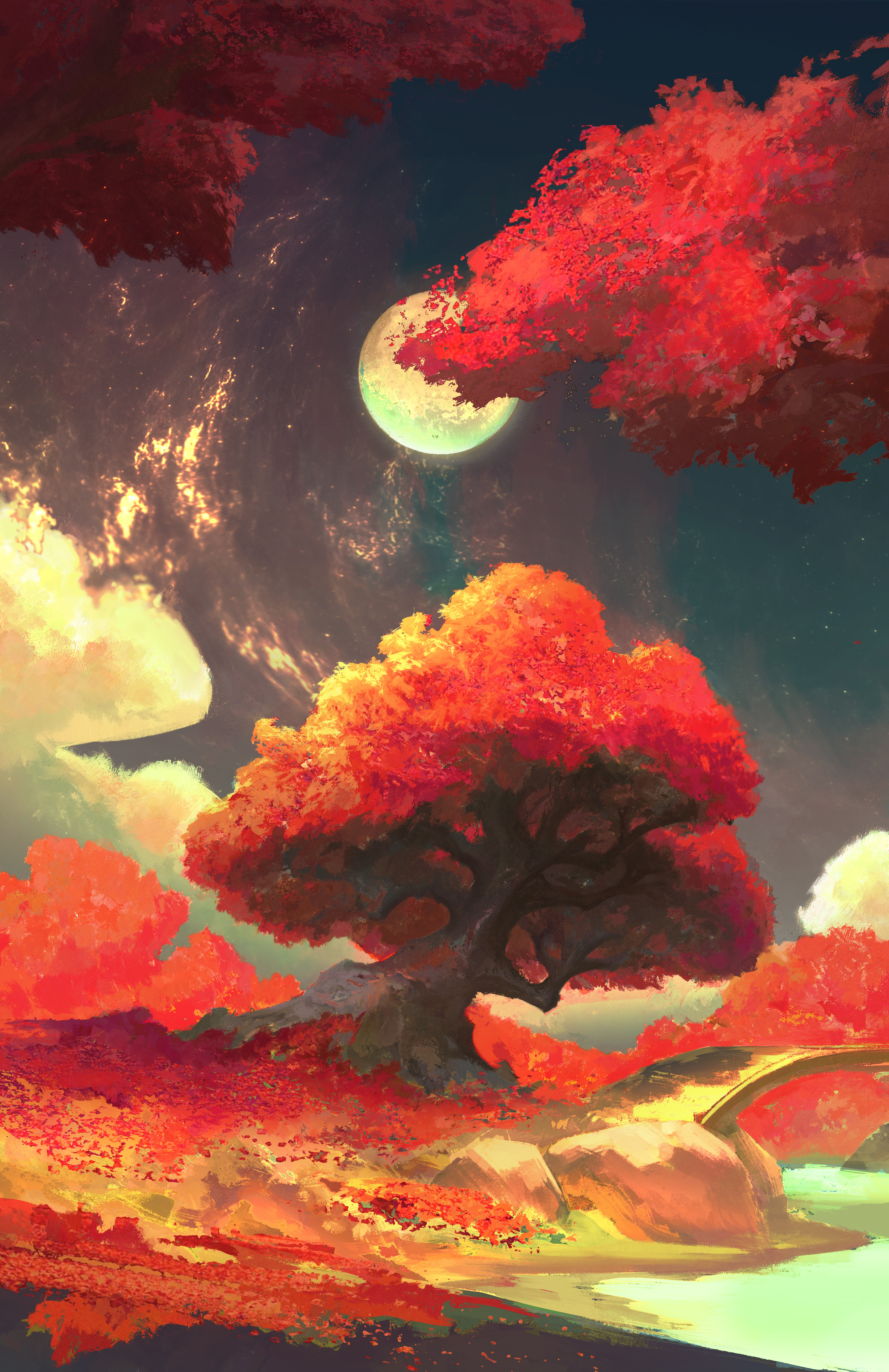 Скачать обои бесплатно Деревья, Природа, Луна, Арт, Осень картинка на рабочий стол ПК