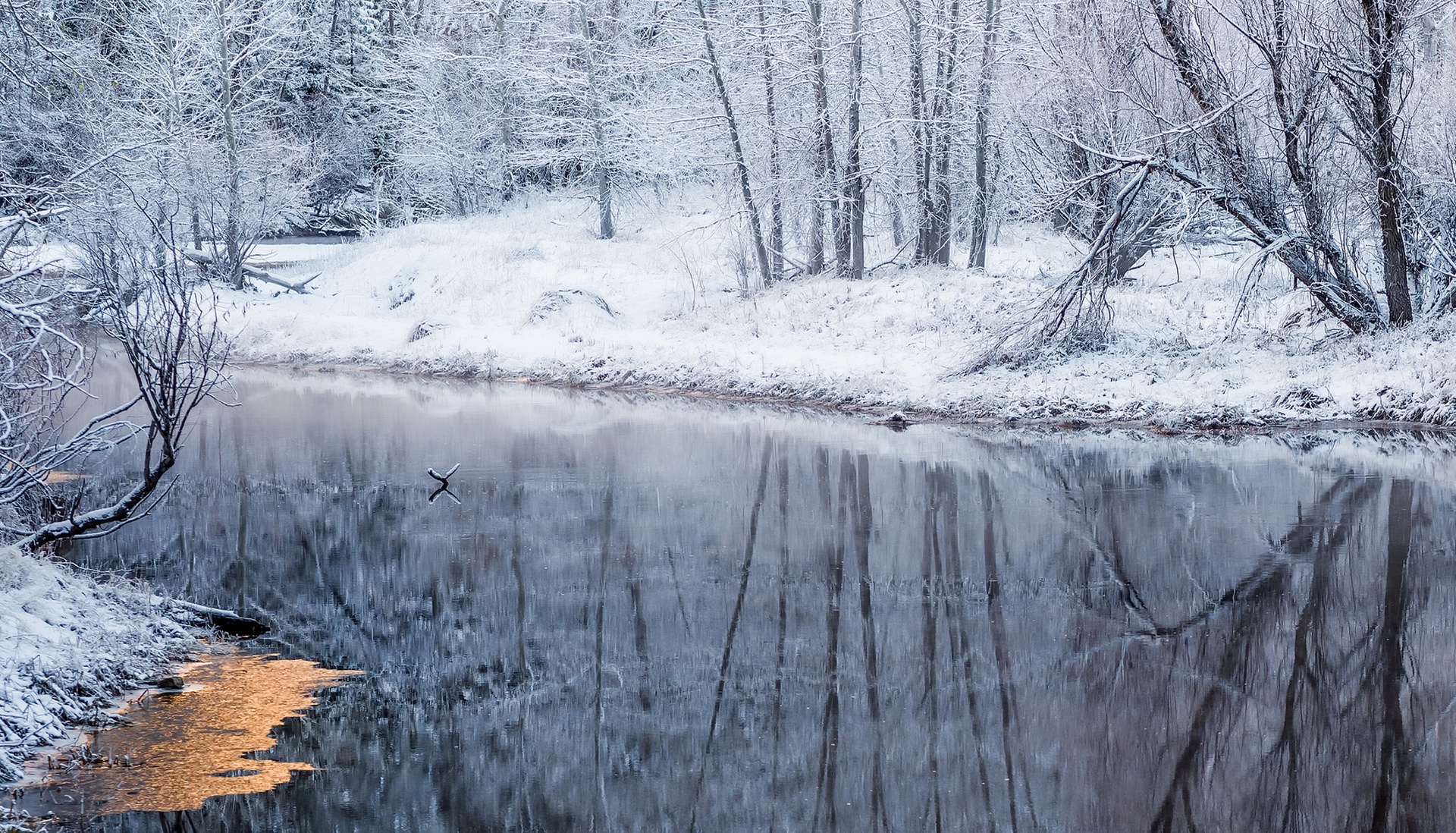 Скачать картинку Зима, Природа, Река, Снег, Отражение, Земля/природа в телефон бесплатно.
