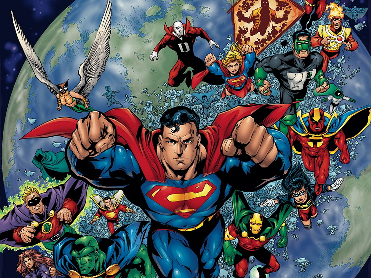 comics, justice league of america, alan scott (dc comics), billy batson, dc comics, deadman (dc comics), earth, firestorm (dc comics), flash, green lantern, hawkgirl (dc comics), kyle rayner, martian manhunter, mister miracle, red tornado, shazam (dc comics), spectre (dc comics), starfire (dc comics), supergirl, superman, wonder girl