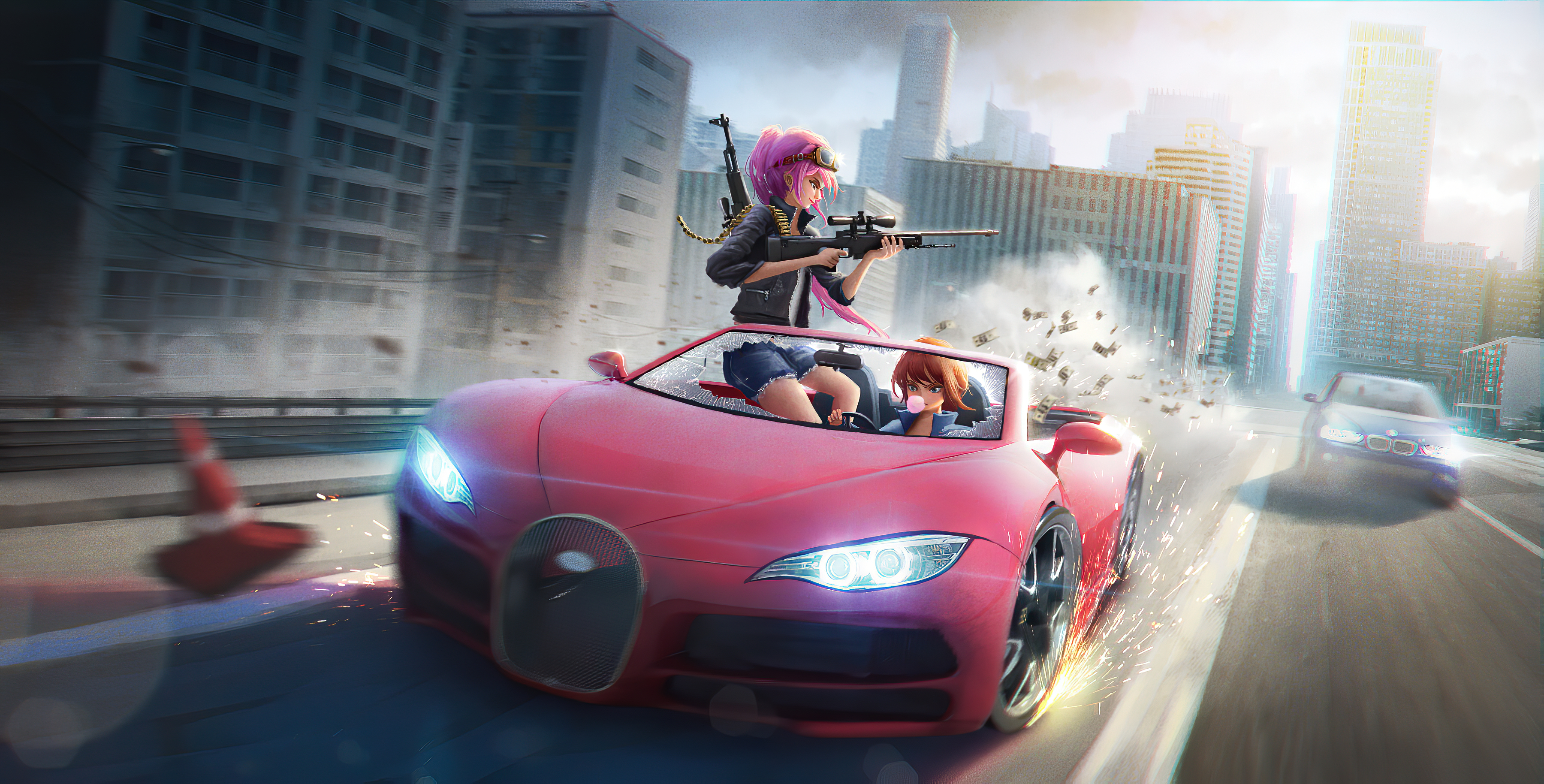 PCデスクトップに武器, 車, Sf, ピンクの髪, 女戦士画像を無料でダウンロード