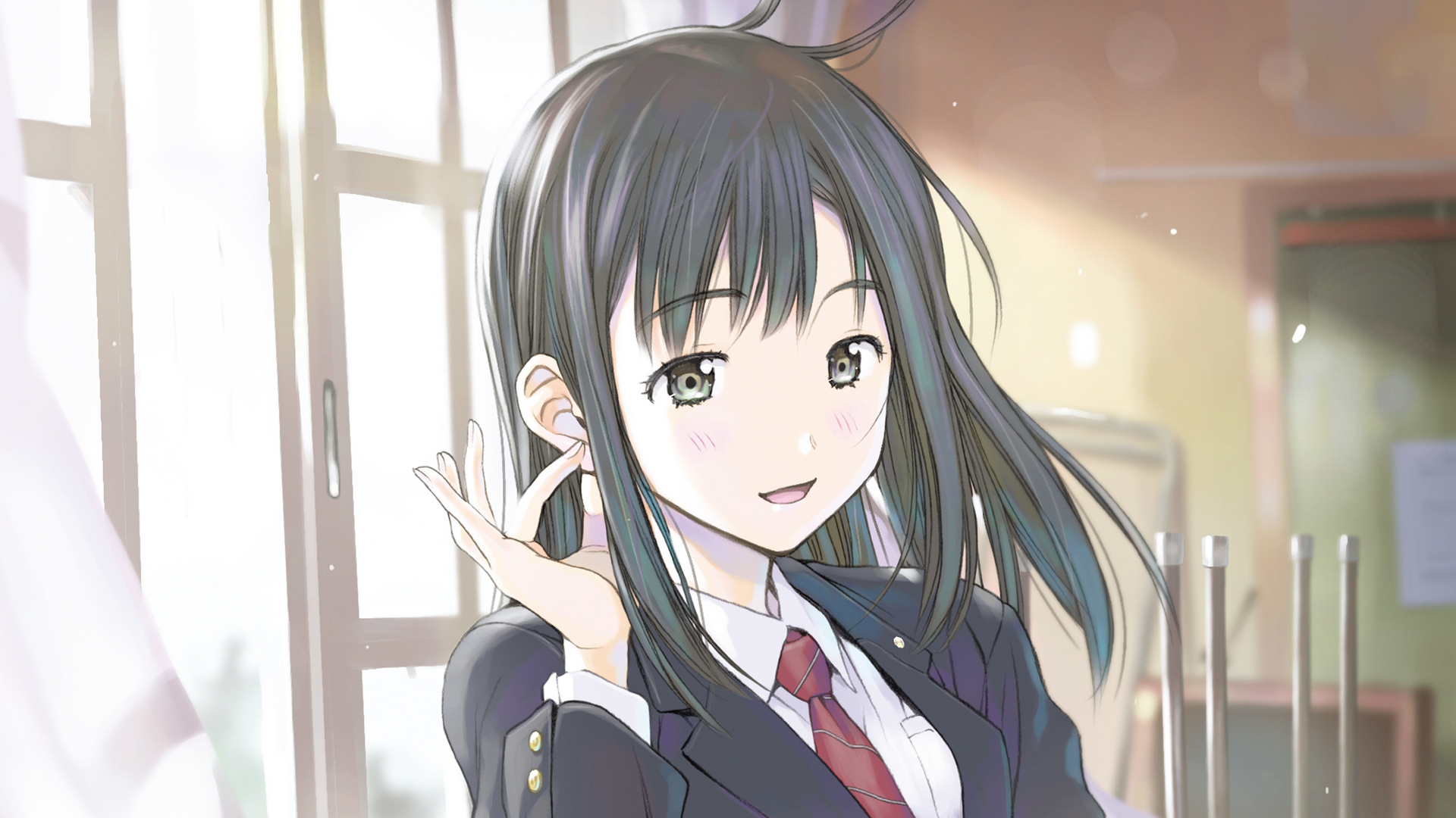 Download mobile wallpaper Anime, Tie, Original, Blush, School Uniform, Black Hair, Long Hair, Grey Eyes for free.