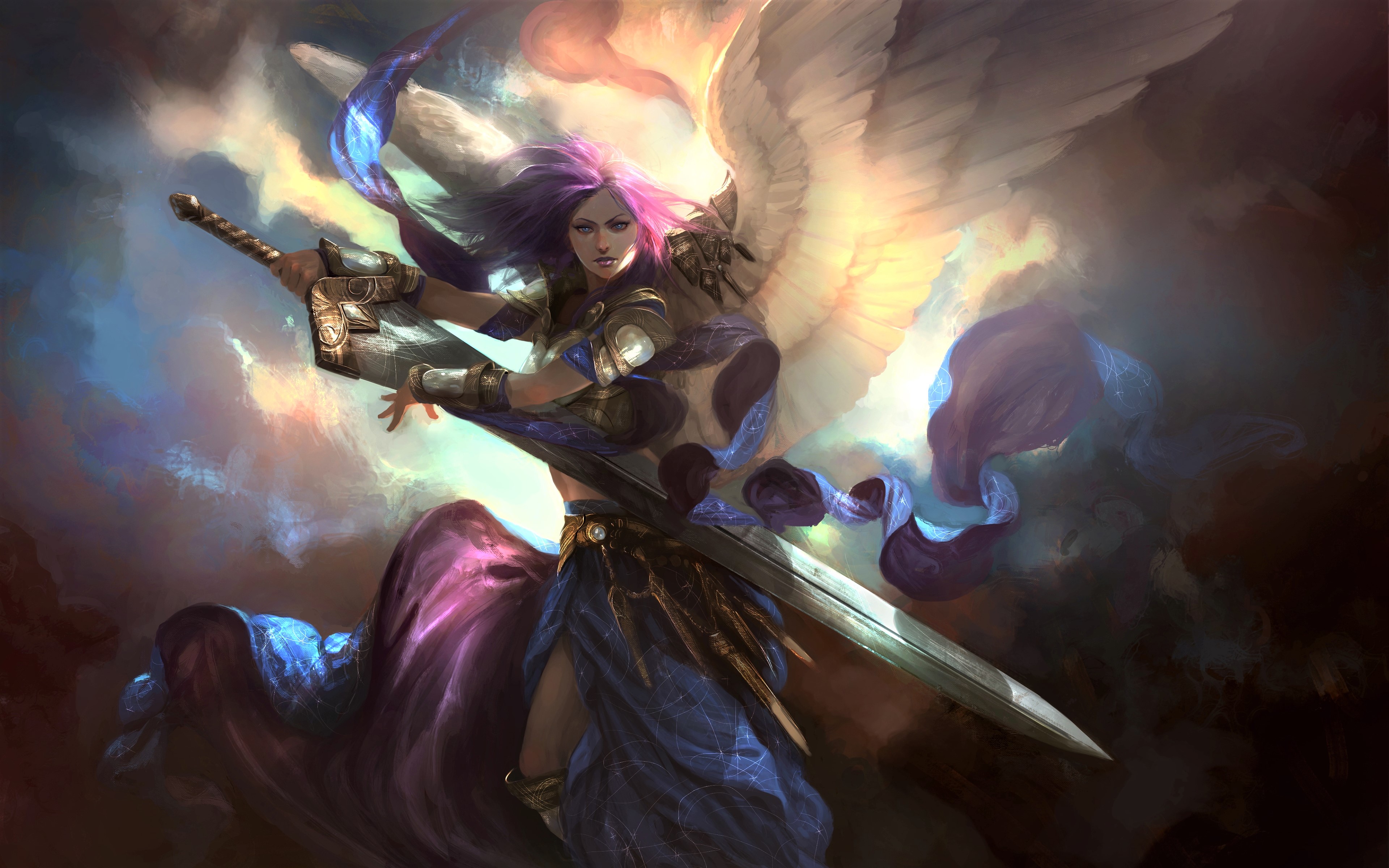 PCデスクトップにファンタジー, 天使, 翼, 青い目, 剣, ピンクの髪, 天使の戦士画像を無料でダウンロード