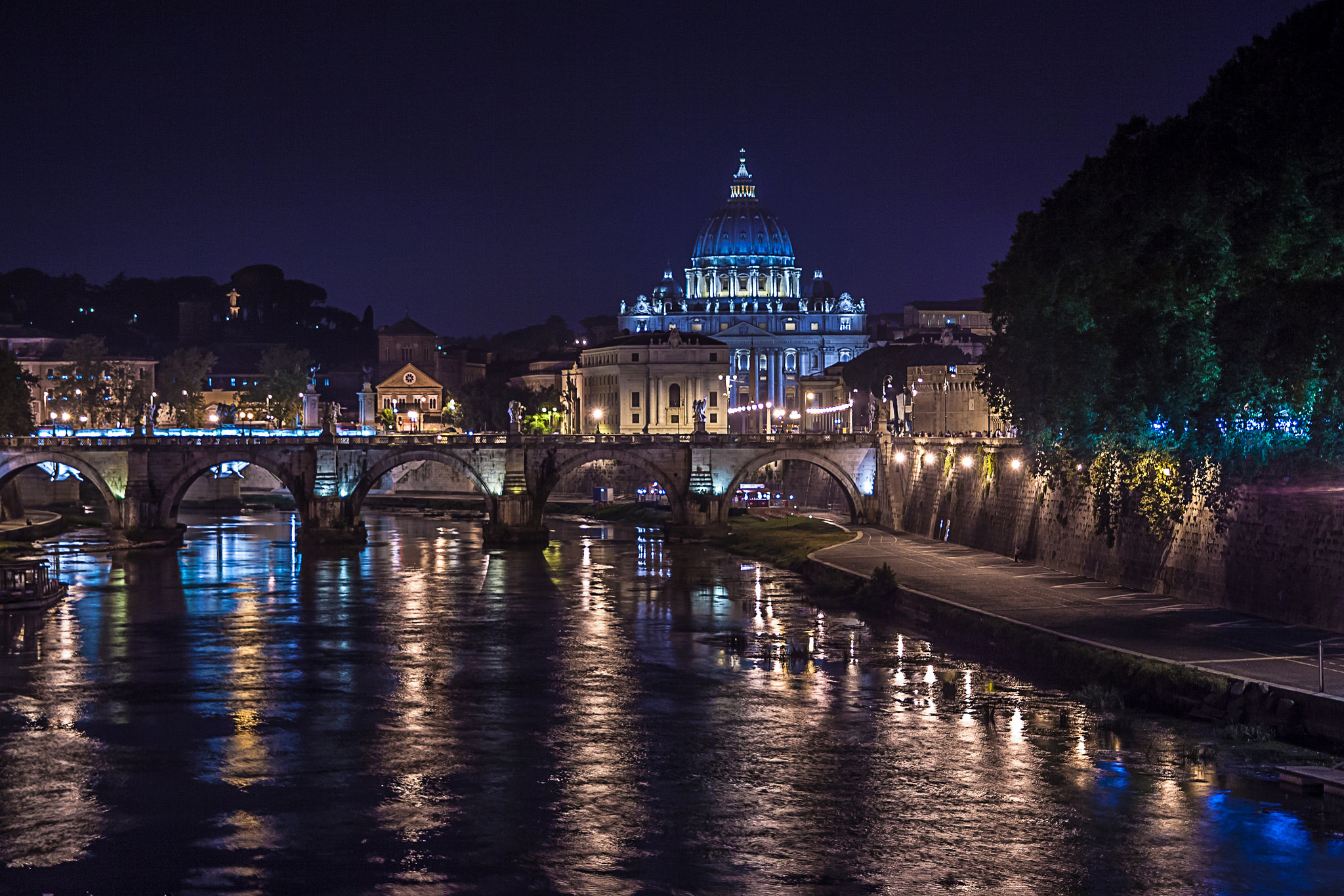 Free download wallpaper Cities, Night, Italy, Light, Bridge, River, Rome, Man Made on your PC desktop