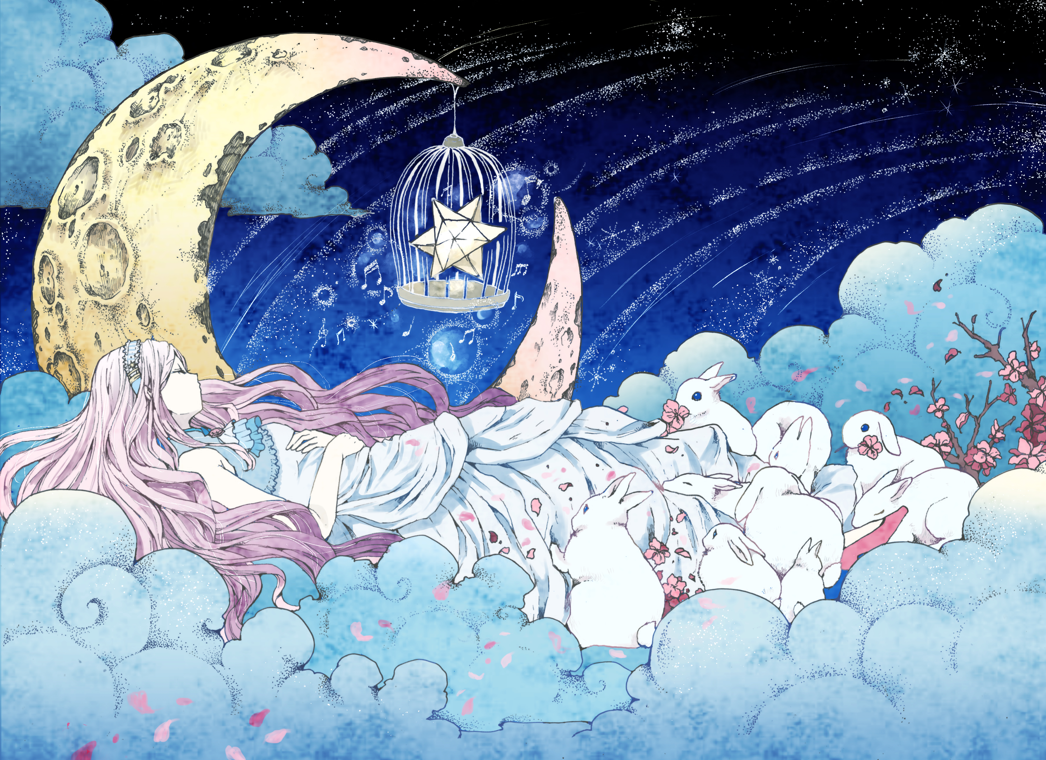 Download mobile wallpaper Anime, Girl, Rabbit, Sleeping, Crescent, Lying Down for free.