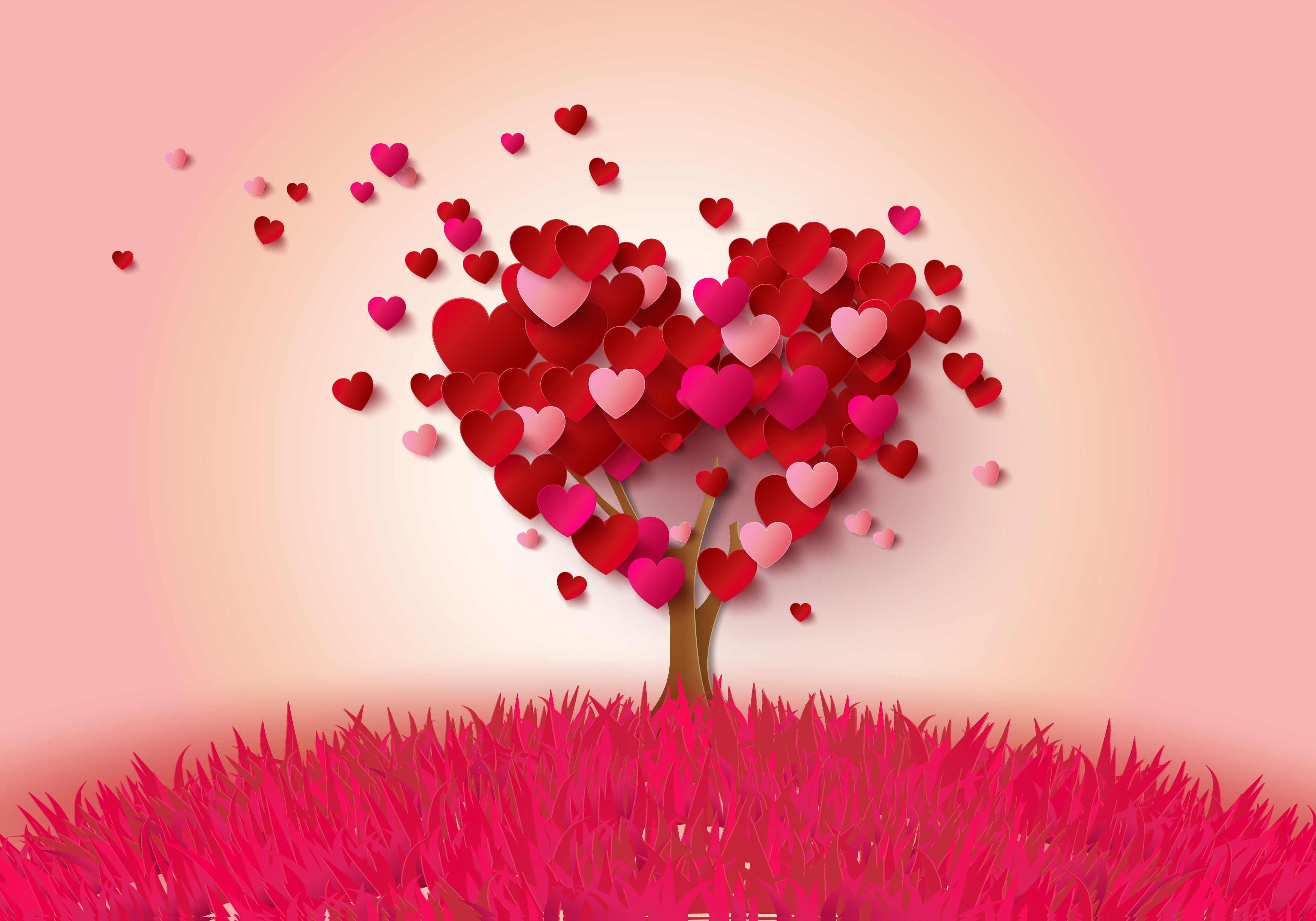 Download mobile wallpaper Grass, Pink, Tree, Heart, Artistic for free.