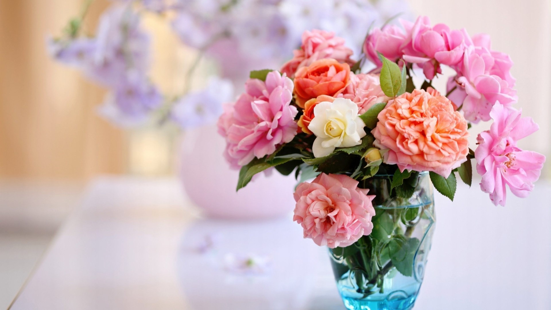 Завантажити шпалери безкоштовно Квітка, Ваза, Весна, Пастель, Створено Людиною, Рожева Квітка, Апельсинова Квітка картинка на робочий стіл ПК