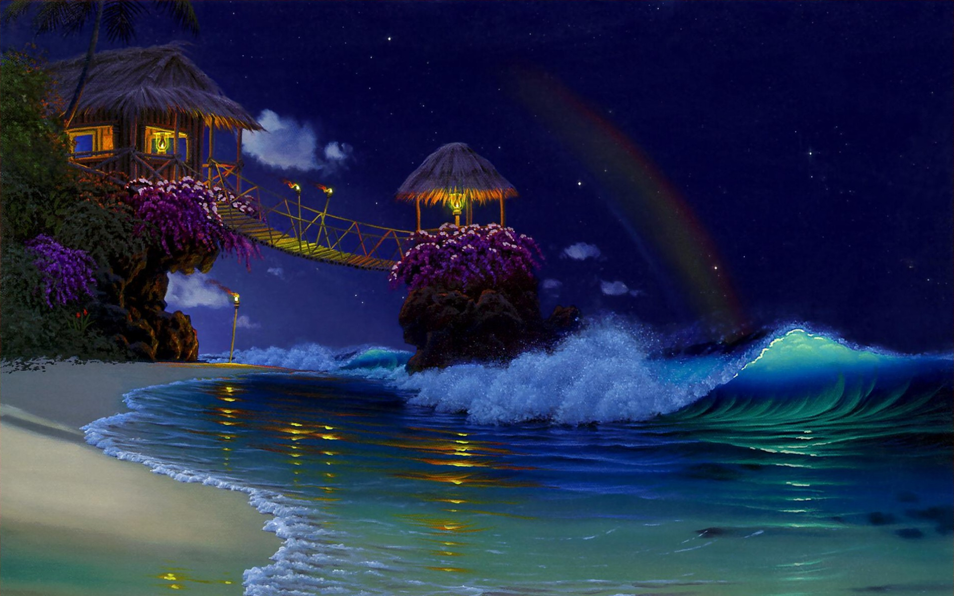 Download mobile wallpaper Sky, Sea, Night, Rainbow, Ocean, Artistic for free.