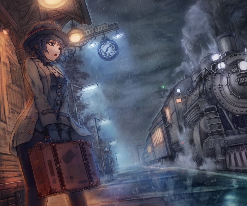Laden Sie das Regen, Bahnhof, Hut, Zug, Uhr, Mantel, Animes-Bild kostenlos auf Ihren PC-Desktop herunter
