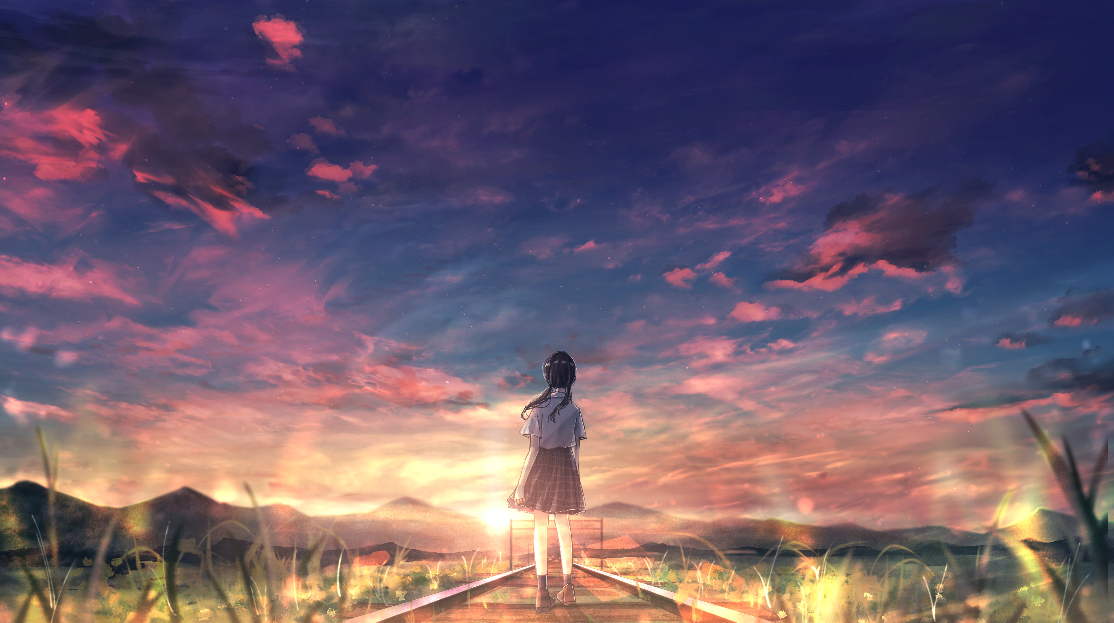 Download mobile wallpaper Anime, Sunset, Sky, Girl for free.