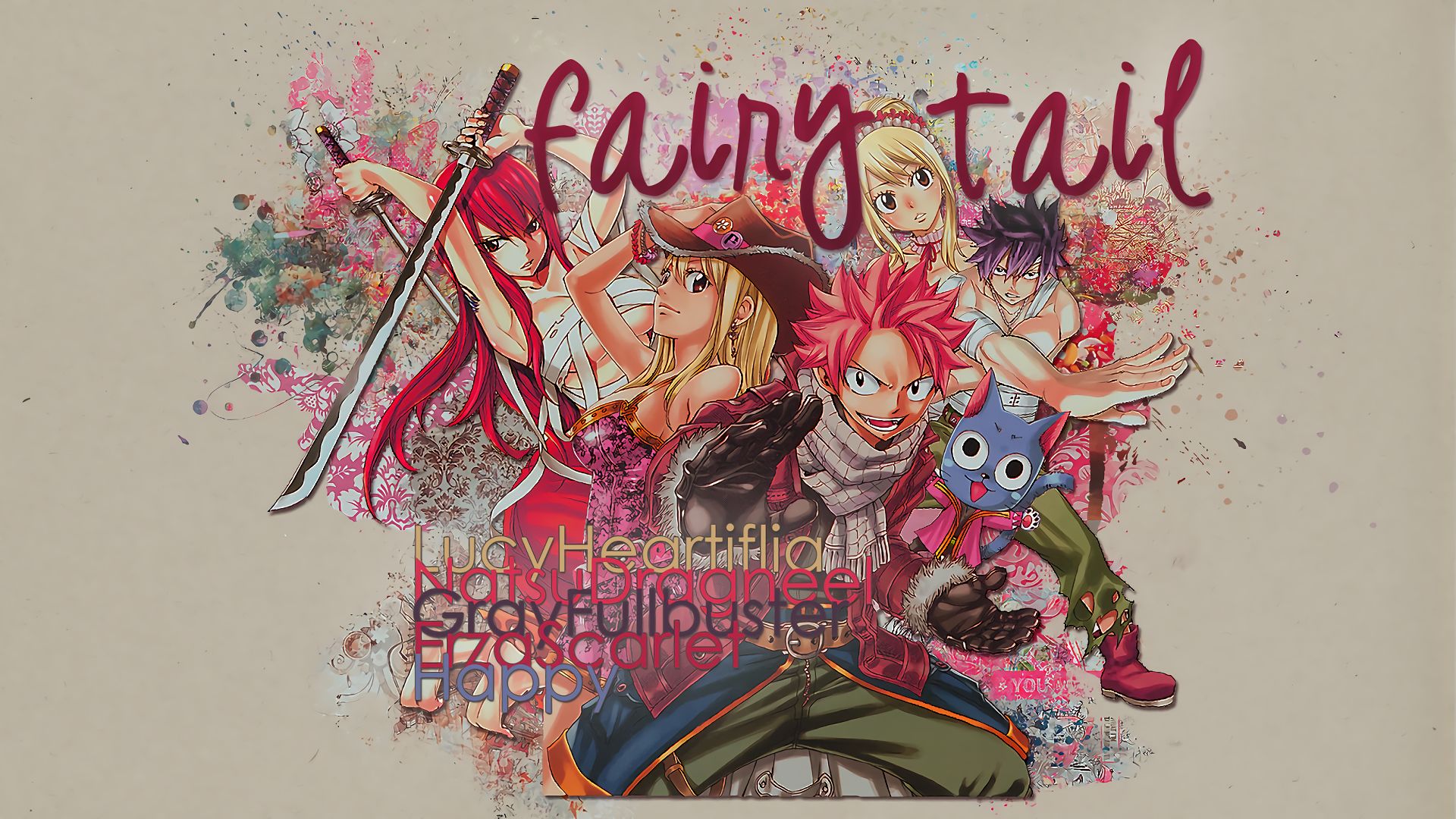 Handy-Wallpaper Animes, Fairy Tail, Lucy Heartfilia, Natsu Dragneel, Erza Scarlet, Grauer Fullbuster, Glücklich (Fairy Tail) kostenlos herunterladen.