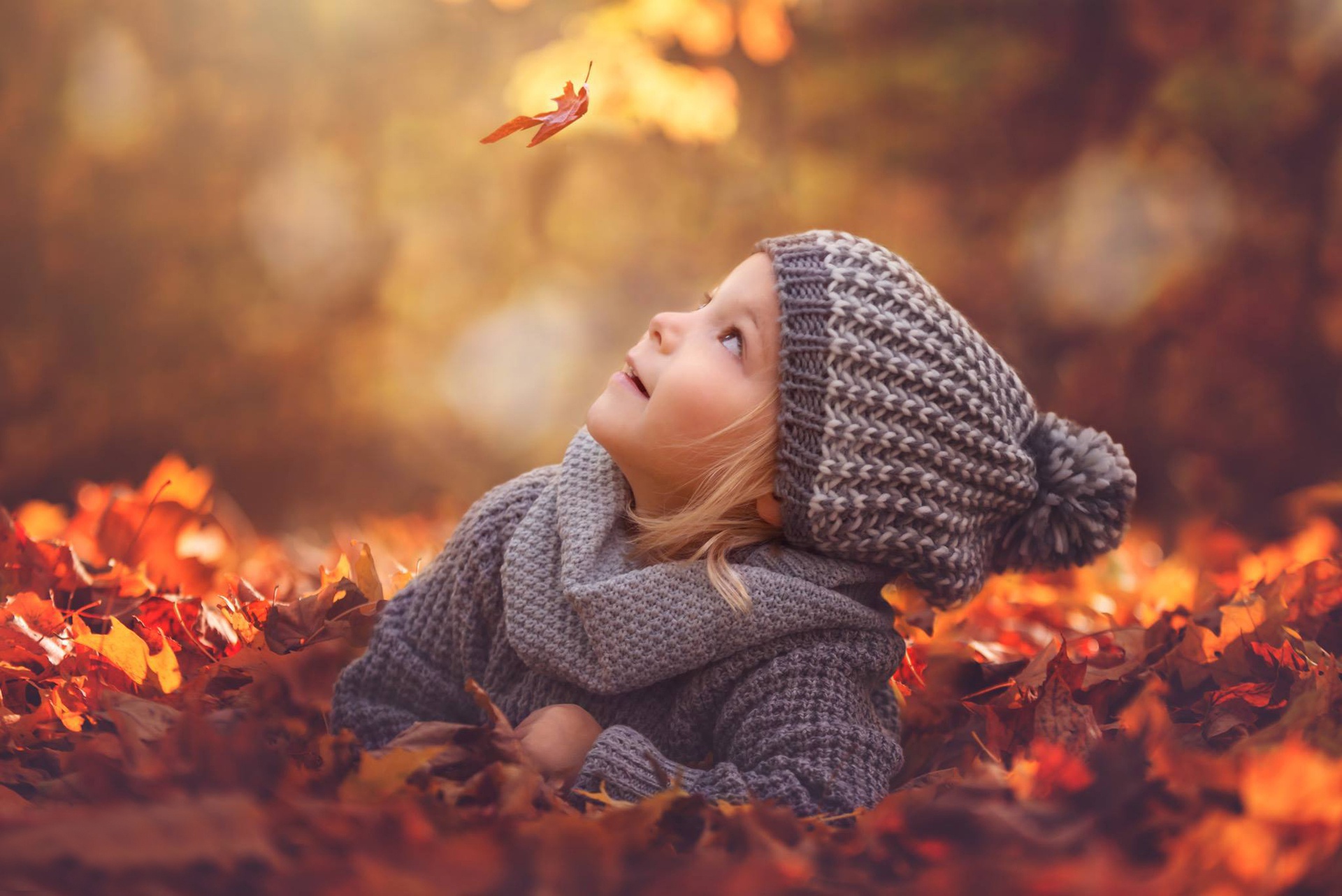 Download mobile wallpaper Leaf, Fall, Child, Hat, Photography, Little Girl, Depth Of Field for free.