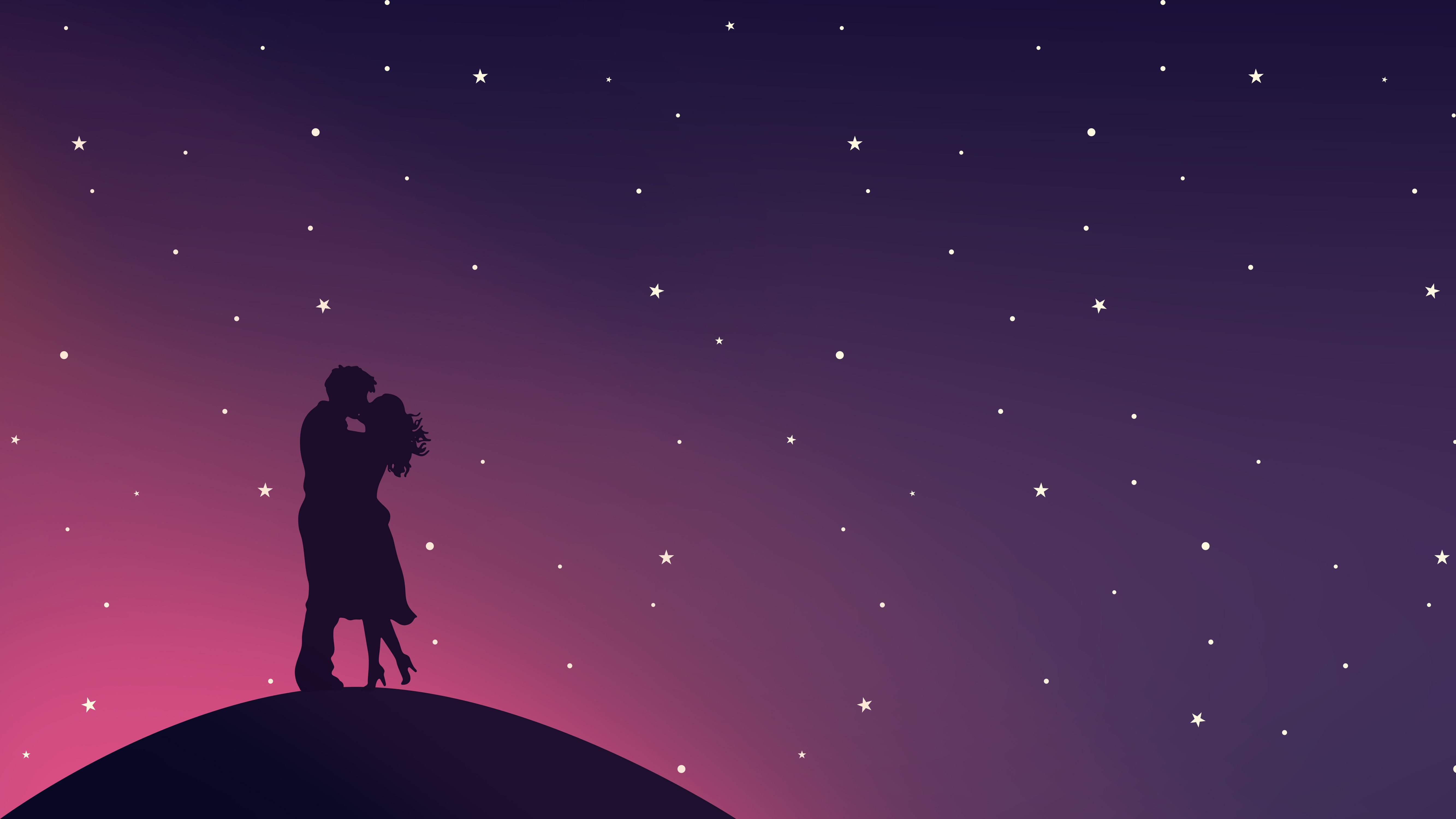 couple, silhouettes, vector, stars, pair, kiss, embrace