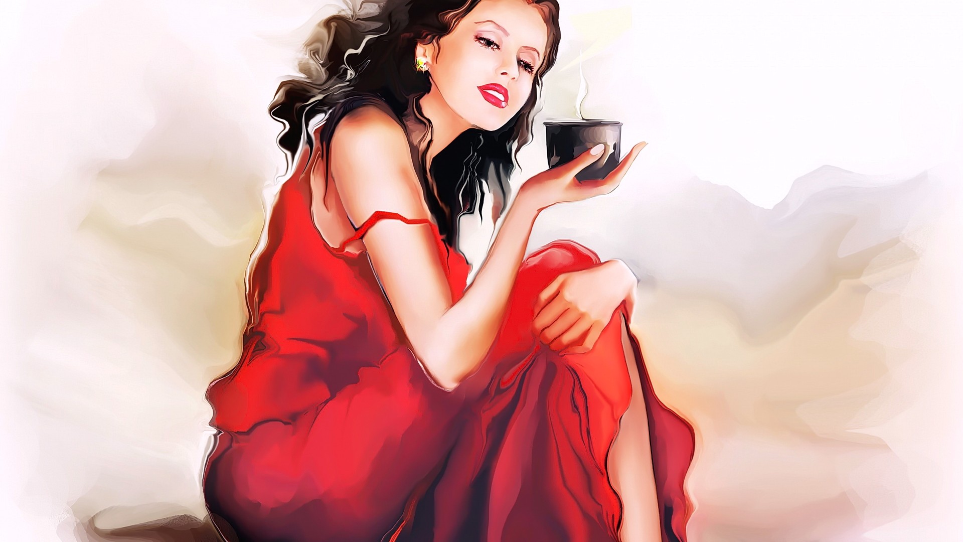 Download mobile wallpaper Drawing, Painting, Artistic, Brunette, Lipstick, Red Dress for free.
