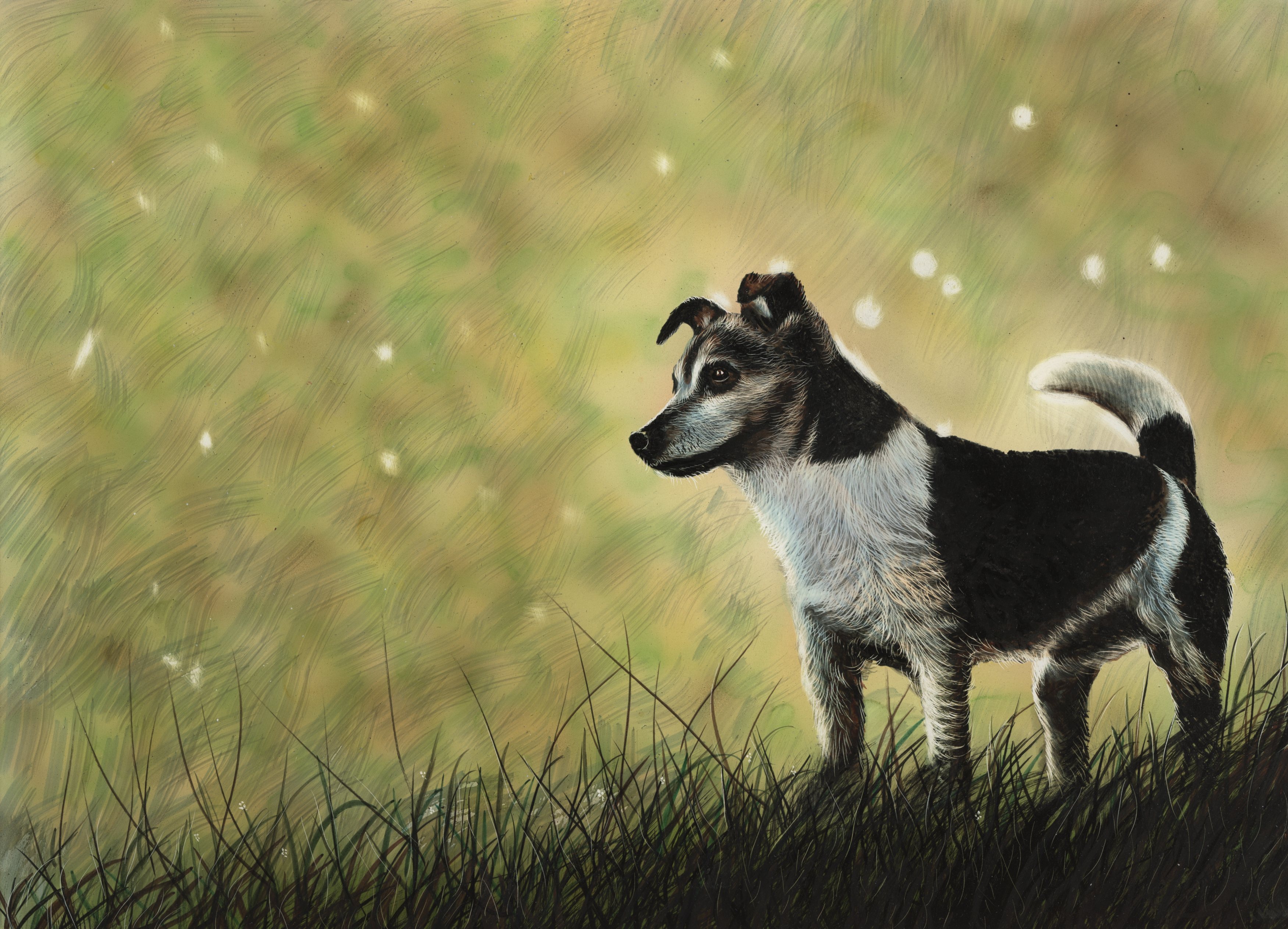 Download mobile wallpaper Dogs, Grass, Dog, Animal, Painting for free.