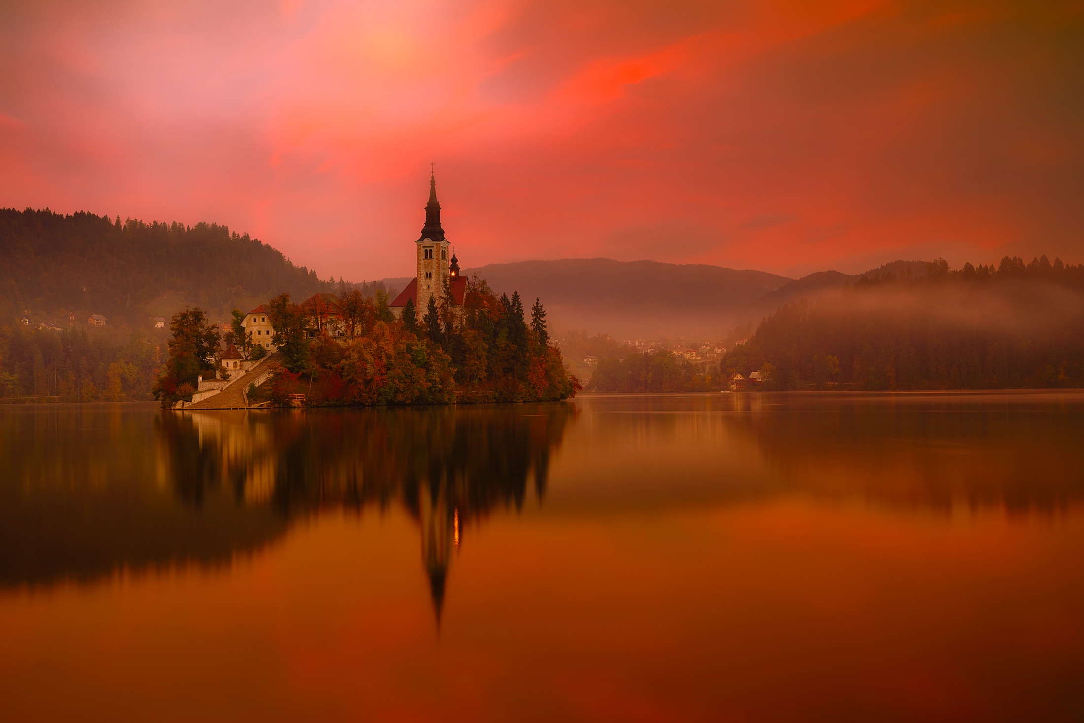 religious, assumption of mary church, lake bled, orange (color), reflection, slovenia, churches