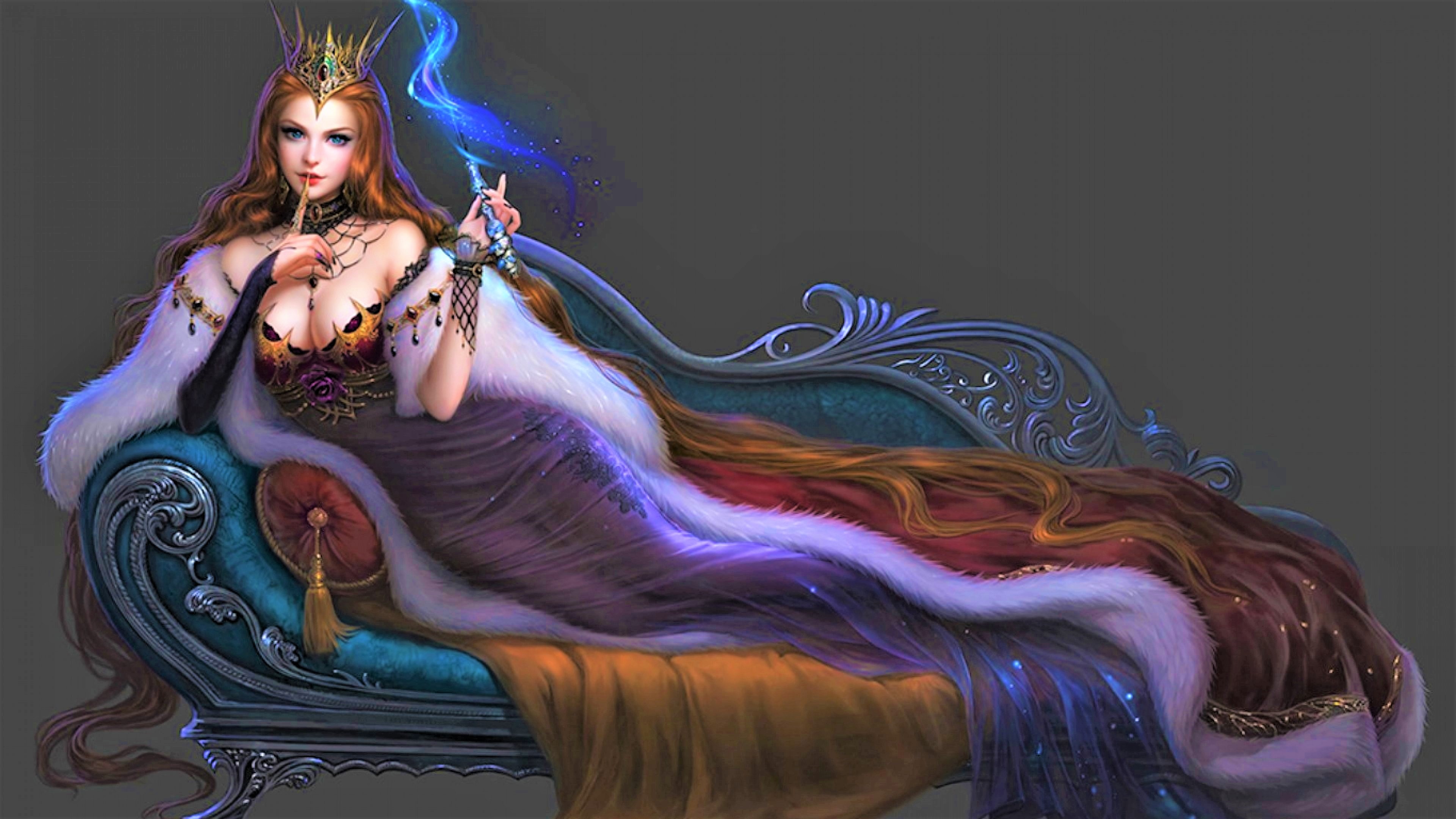 Download mobile wallpaper Fantasy, Crown, Women, Couch for free.