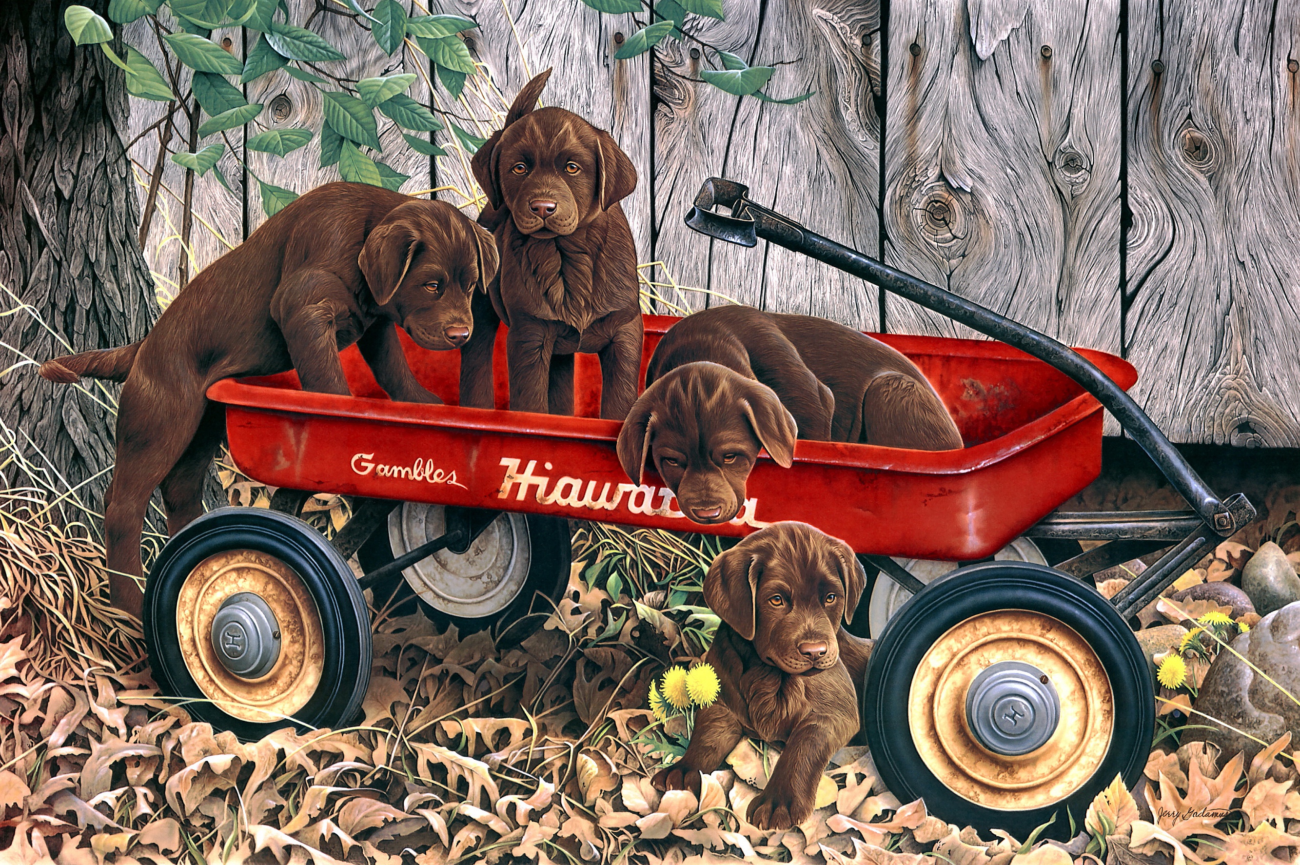 Laden Sie das Tiere, Hunde, Herbst, Hund, Welpen, Malerei, Tierbaby-Bild kostenlos auf Ihren PC-Desktop herunter