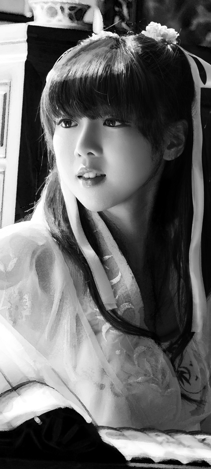 Download mobile wallpaper Monochrome, Oriental, Women, Asian, Black & White for free.