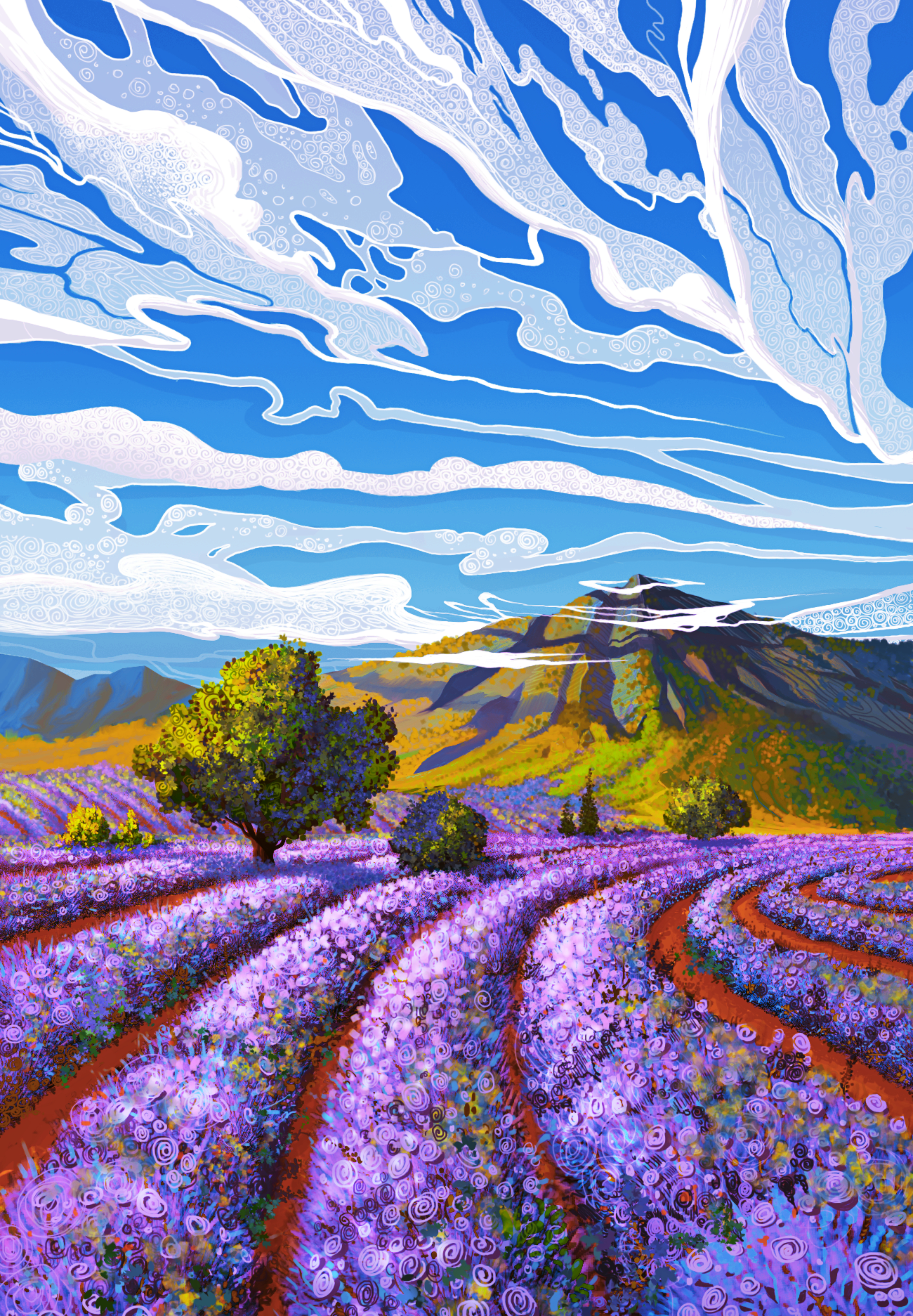 art, lavender, landscape, mountain, field