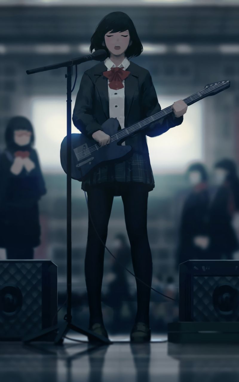 microphone, anime, music, guitar, speakers, black hair, guitarist, short hair
