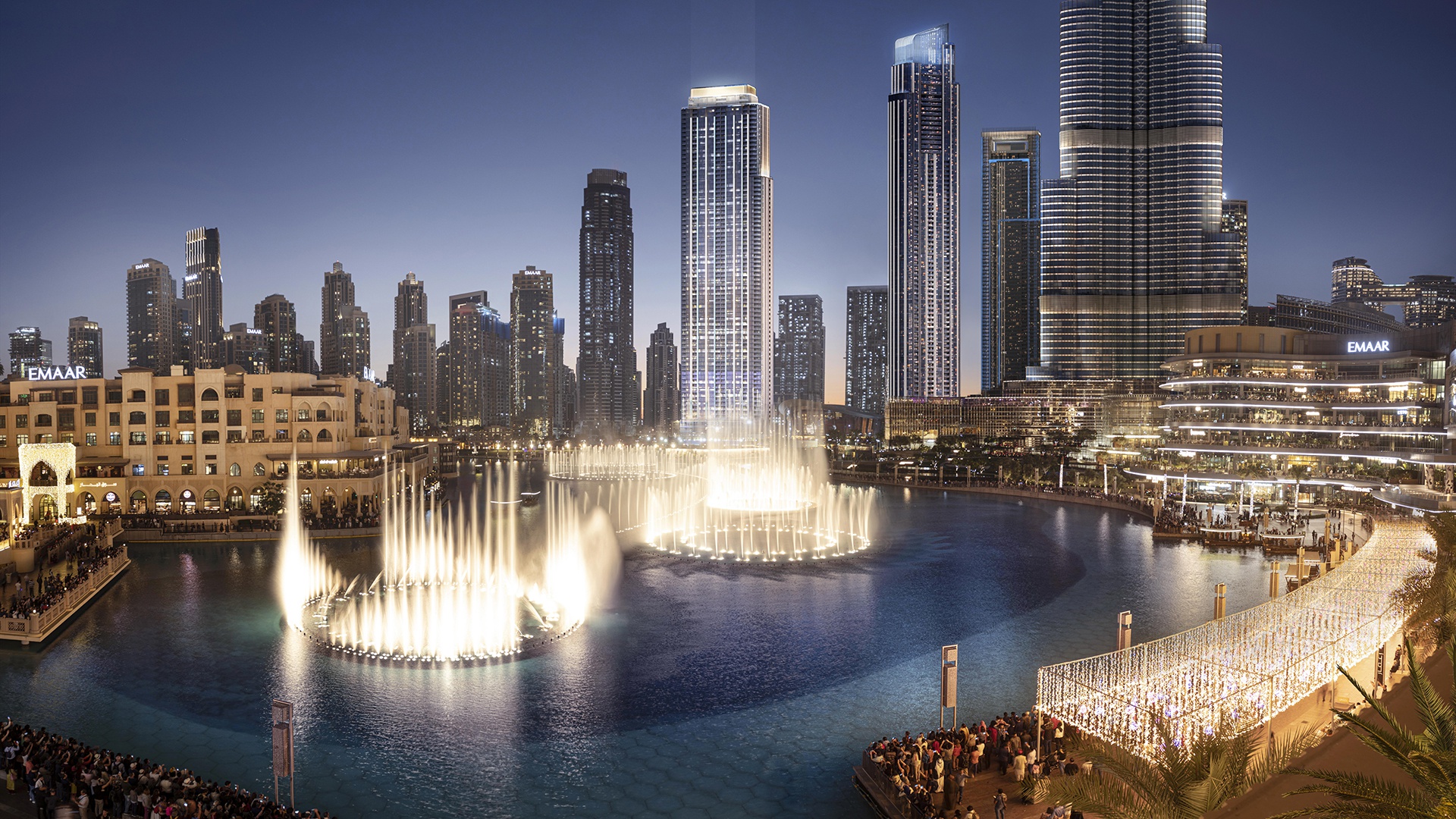 Handy-Wallpaper Städte, Brunnen, Wolkenkratzer, Dubai, Vereinigte Arabische Emirate, Menschengemacht kostenlos herunterladen.
