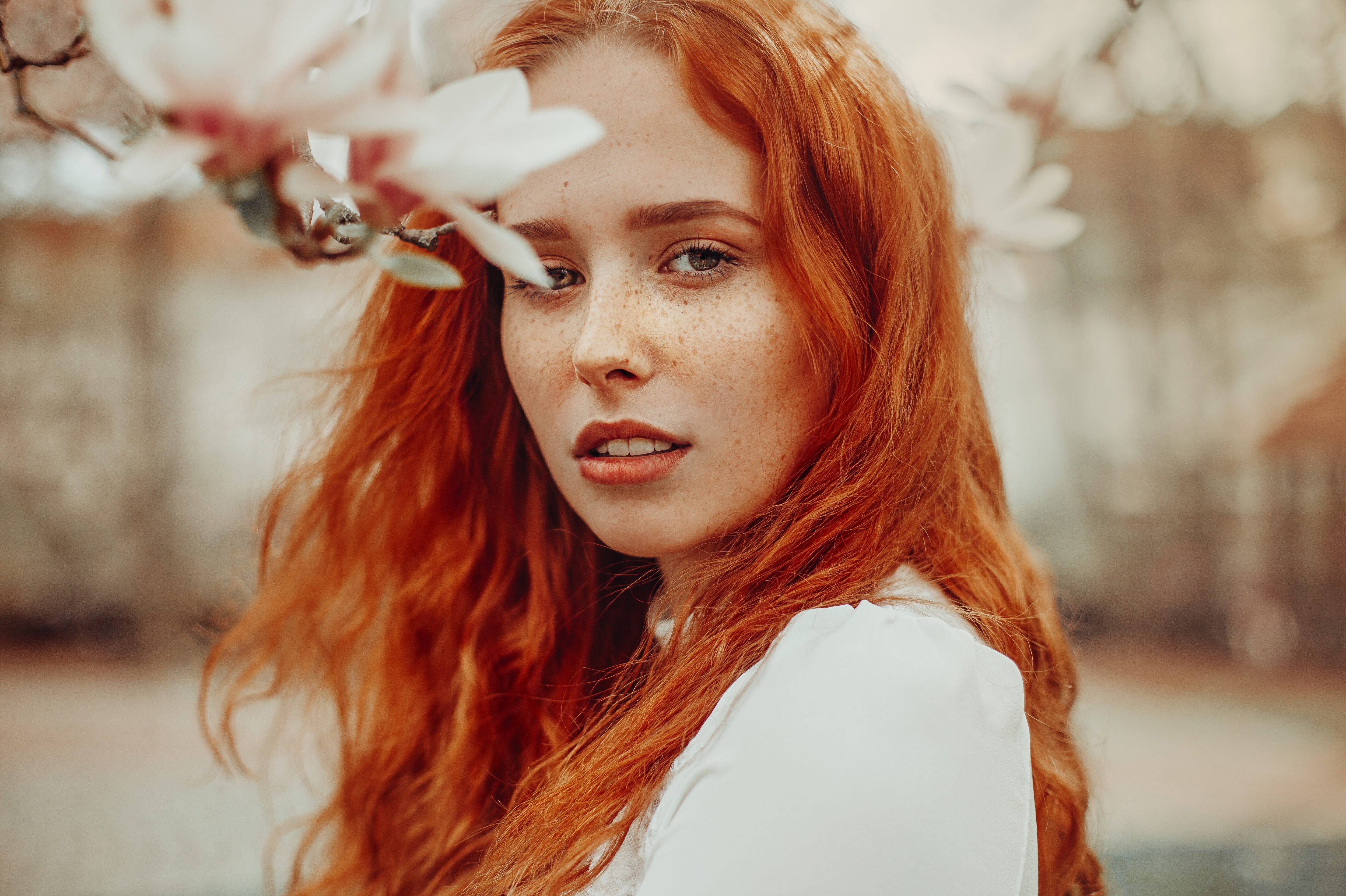 Download mobile wallpaper Redhead, Face, Model, Women, Freckles, Depth Of Field for free.